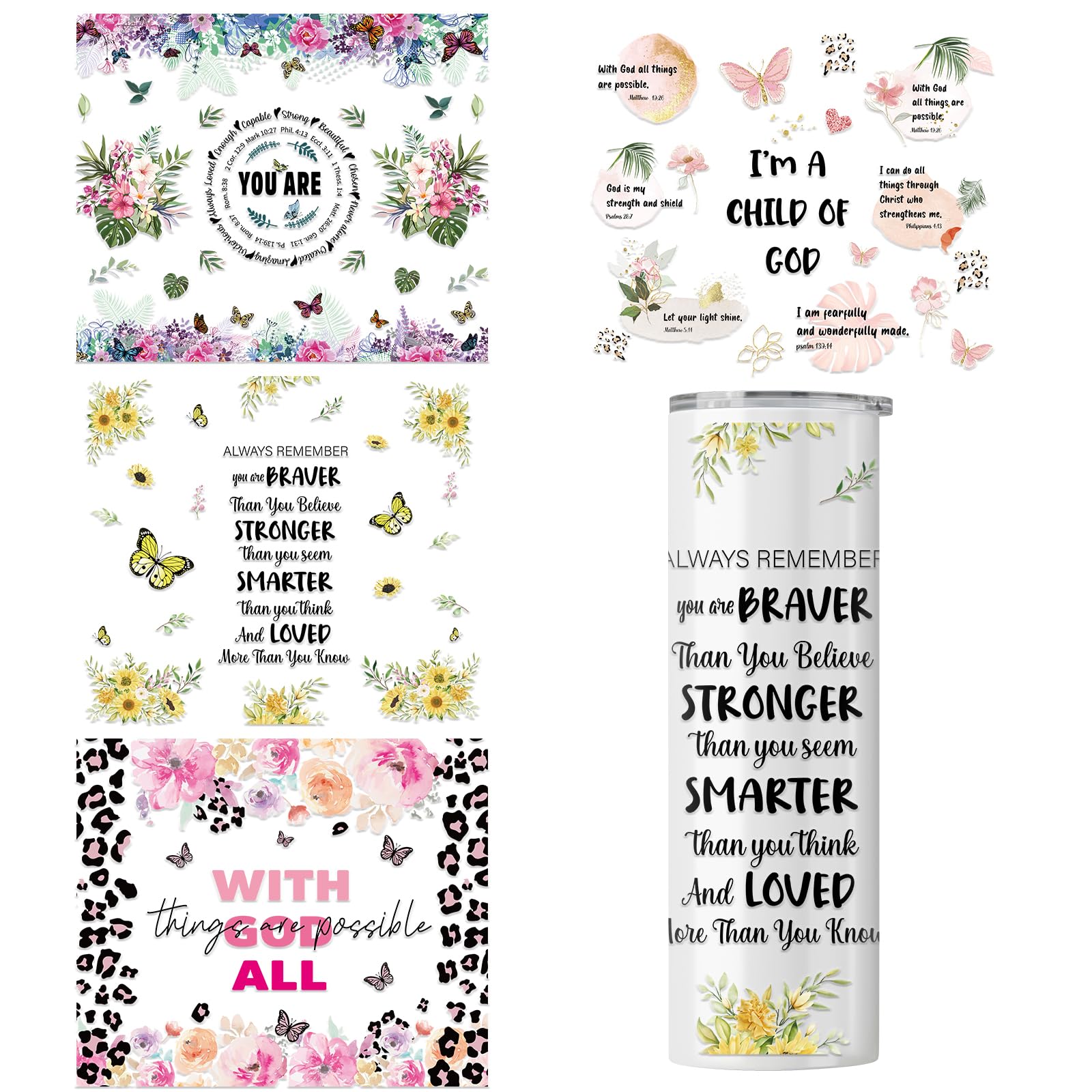 Rngmsi UV DTF Cup Wrap - 4 Sheets Bible Verse UV DTF Cup Wraps for 20 oz Tumbler Christian Inspirational Quotes Uvdtf Cup Wraps Flower UV DTF Wrap