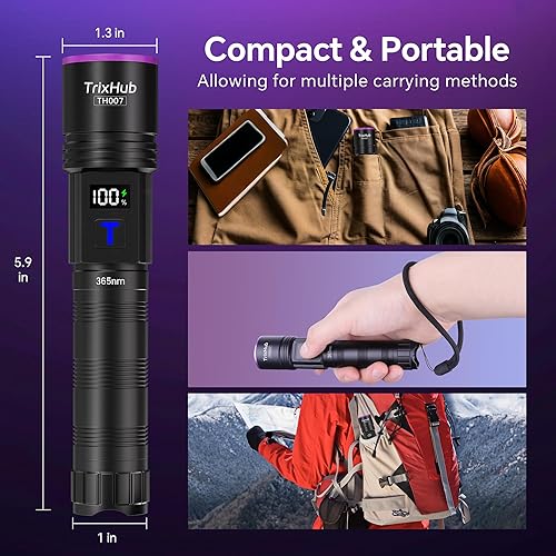 Miniatura 8 de Linterna de luz negra de 365 nm, linterna UV recargable con pantalla LCD, potentes luces ultravioleta para detección de orina de mascotas, curado de