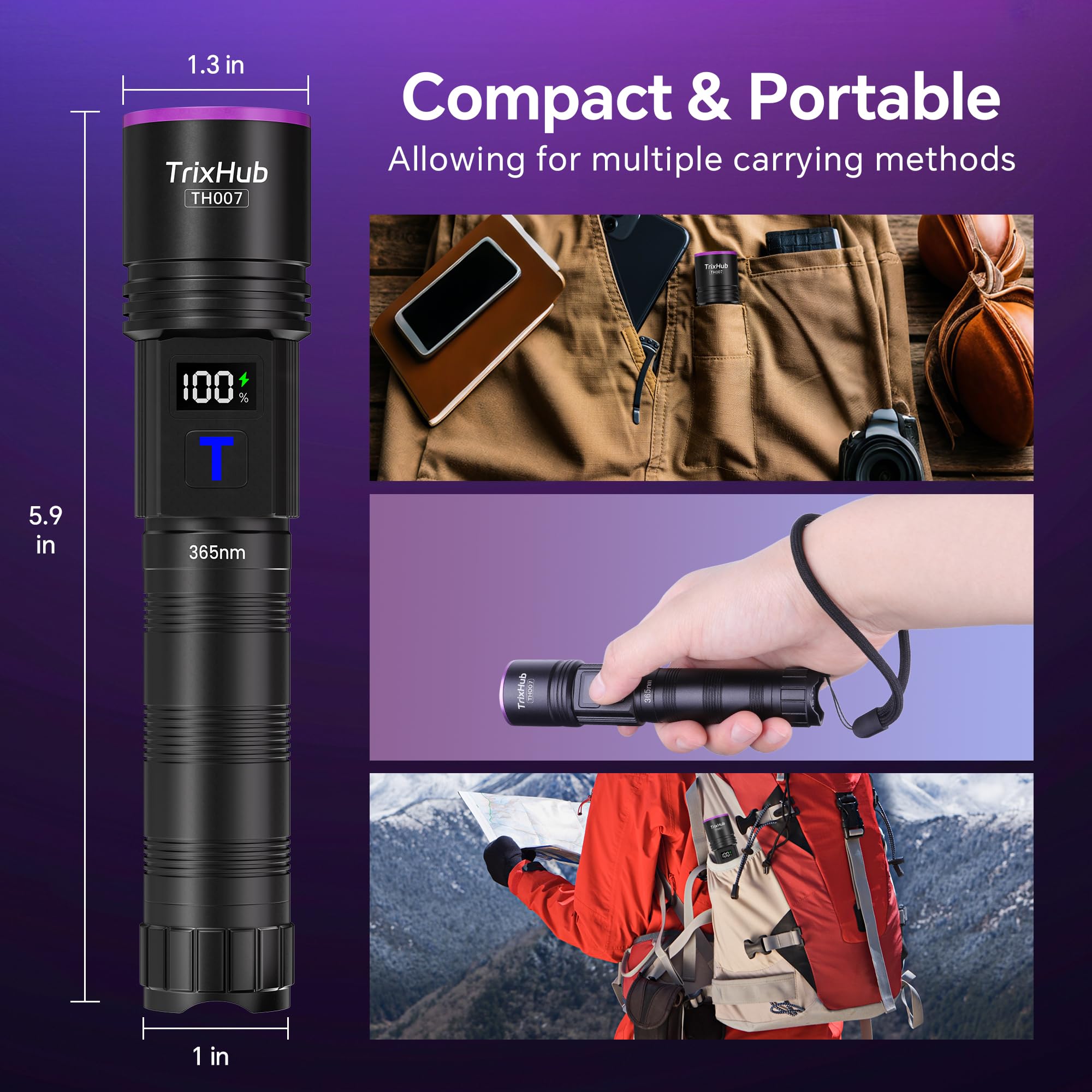 365nm Black Light Flashlight UV Flashlight Rechargeable with LCD Display Powerful Ultraviolet Lights for Pet Urine Detection Resin — view 8