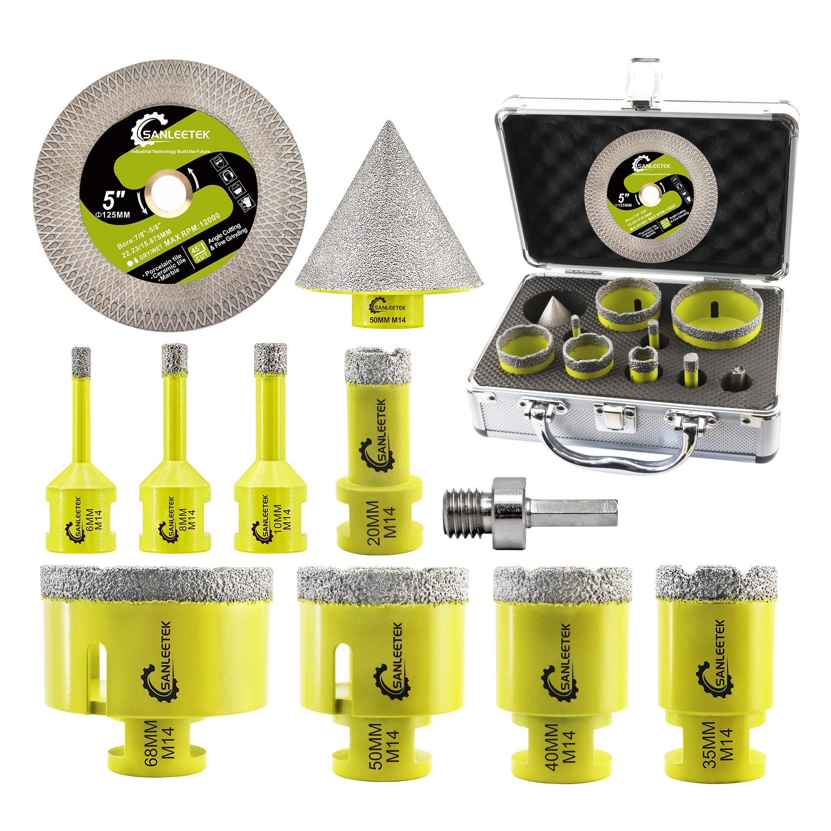 Diamond Core Drill Bits Set - SANLEETEK Diamond Hole Saw Kit 11pcs (6/8/10/20/35/40/50/68mm+50mm Beveling Chamfer Bit+125mm Saw Blade X Mesh+Hex) for Porcelain Tile Ceramic Marble Granite