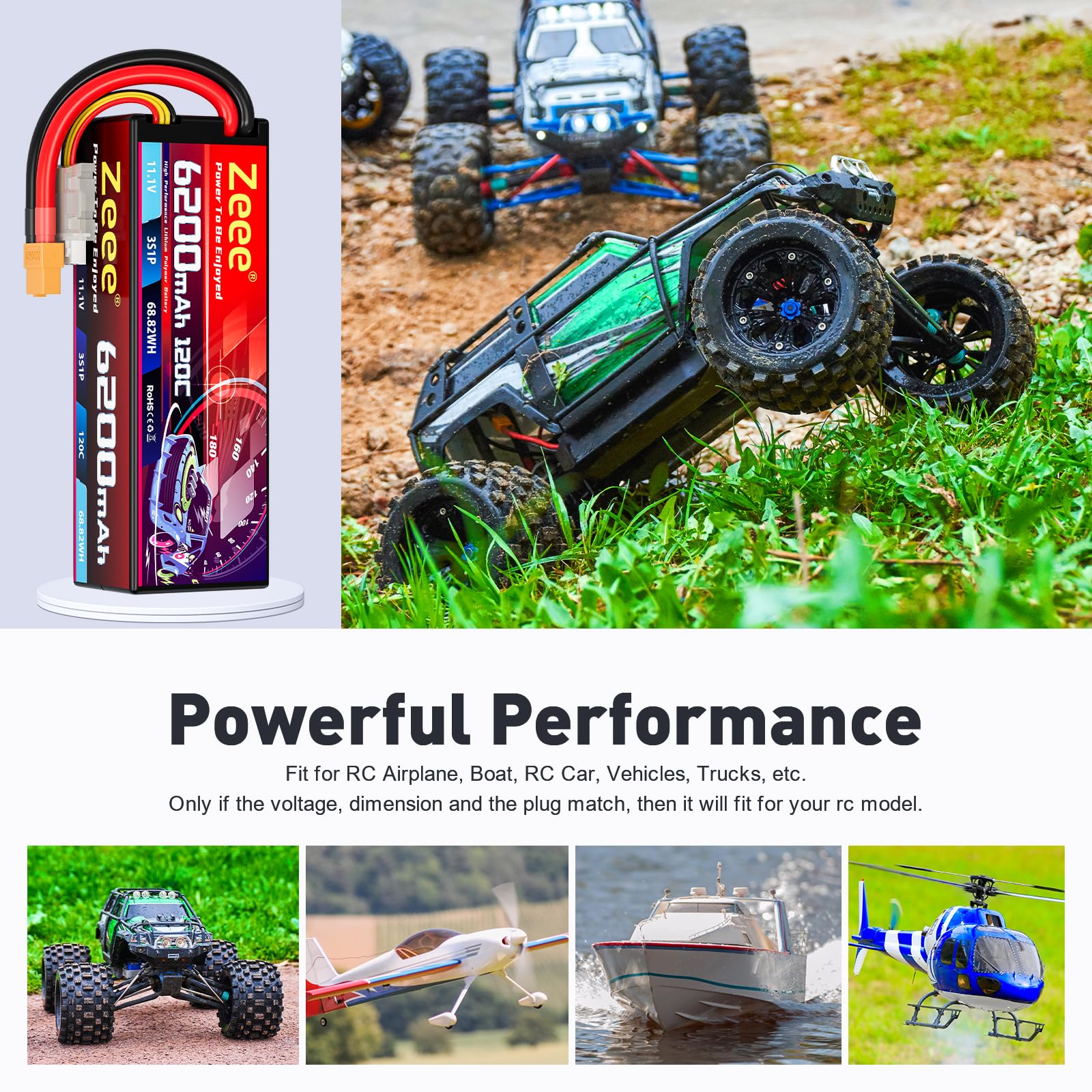 Zeee 3S Lipo Akku 6200mAh 11,1V 120C Hartschalen mit XT60 Stecker(2Stück) | RC Batterie für Fahrzeuge im Maßstab 1/8 bis 1/10 RC-Autos Tanklastwagen Rennmodelle