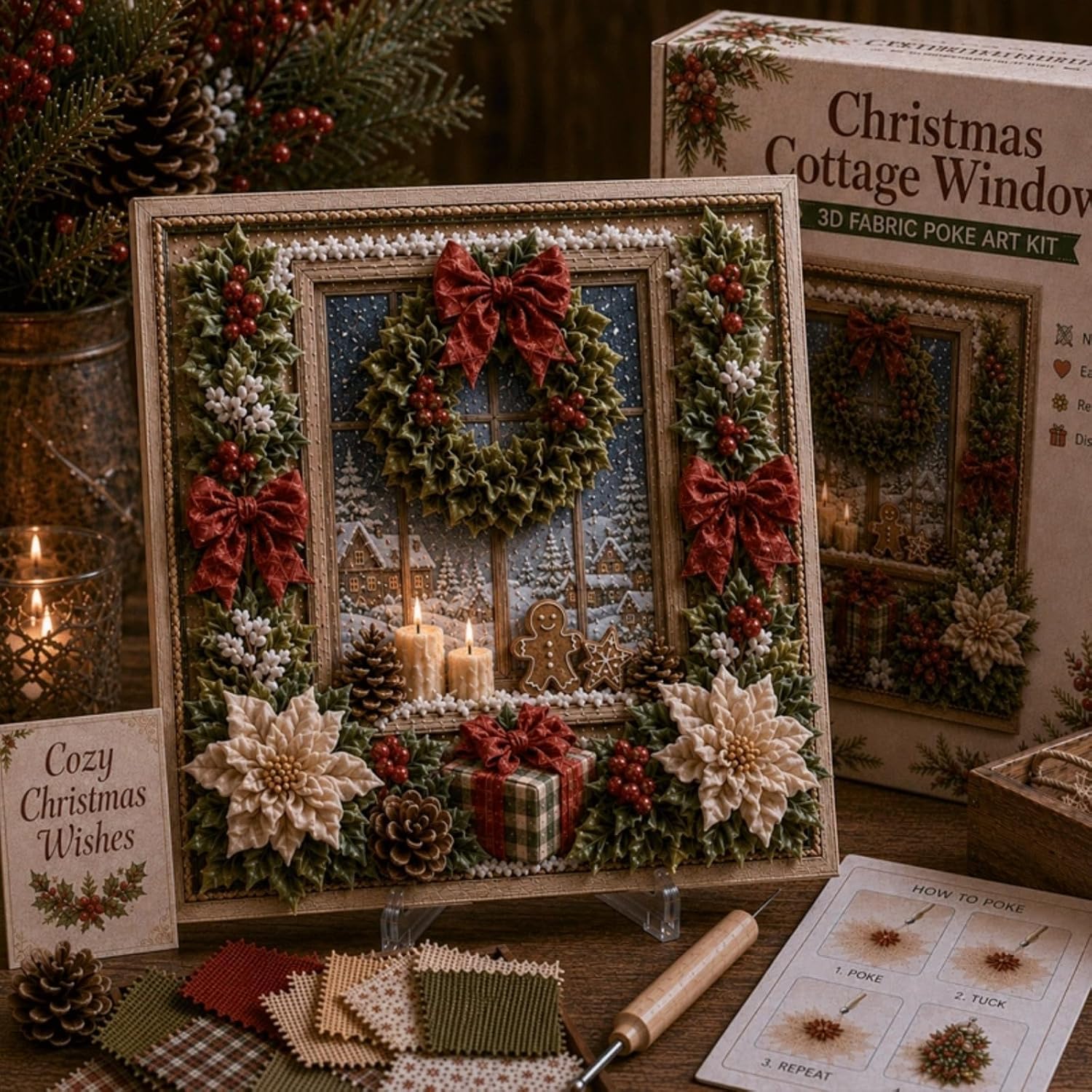 Christmas Fabric Poke Art Kit, 3D Fabric Poke Art Kit for Adults with Pre-Cut Squares, Adult DIY Needle Punch Craft Kit, Vintage Holiday Handmade Decoration，Christmas Cottage