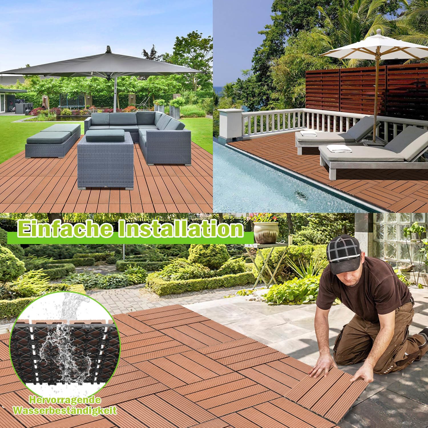 WPC Lot de 110 dalles de terrasse à clipser - 30 x 30 cm - Aspect bois - Avec drainage - Revêtement de sol résistant aux intempéries - Pour balcon, terrasse et jardin - Marron