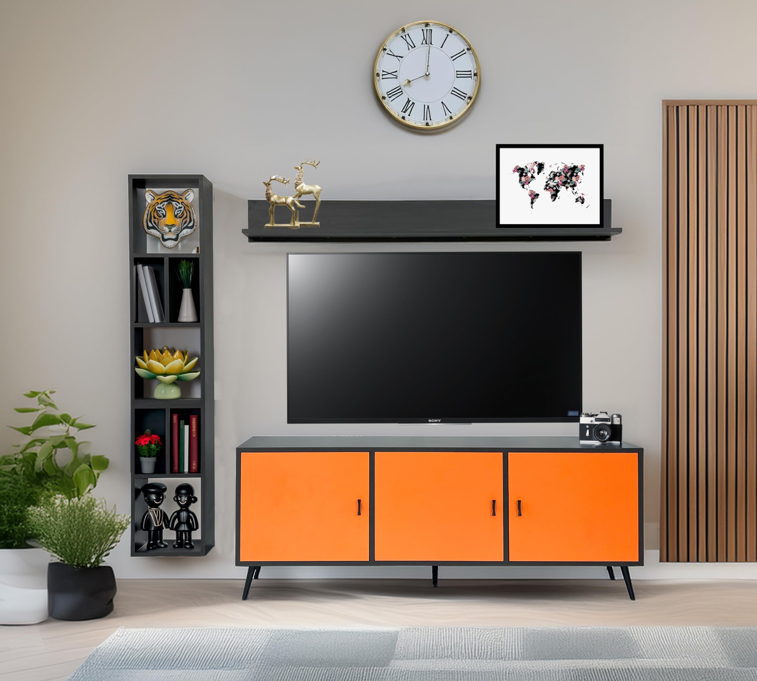 Vibrant Edge Tv Unit with Wall Mount Shelf and Cabinet | Engineered Wood Wenge & Orange Colour | for Tv Sizes Upto 65"