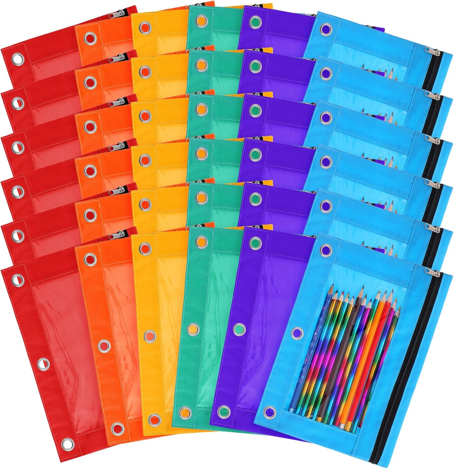 Kifmurase Pencil Pouch for 3 Ring Binder Bulk 36 Pack Zipper Pen Pouches in 6 Colors, 3-Holes Pen Holder Case for Binder with Clear Window for Adult Office Home Supplies