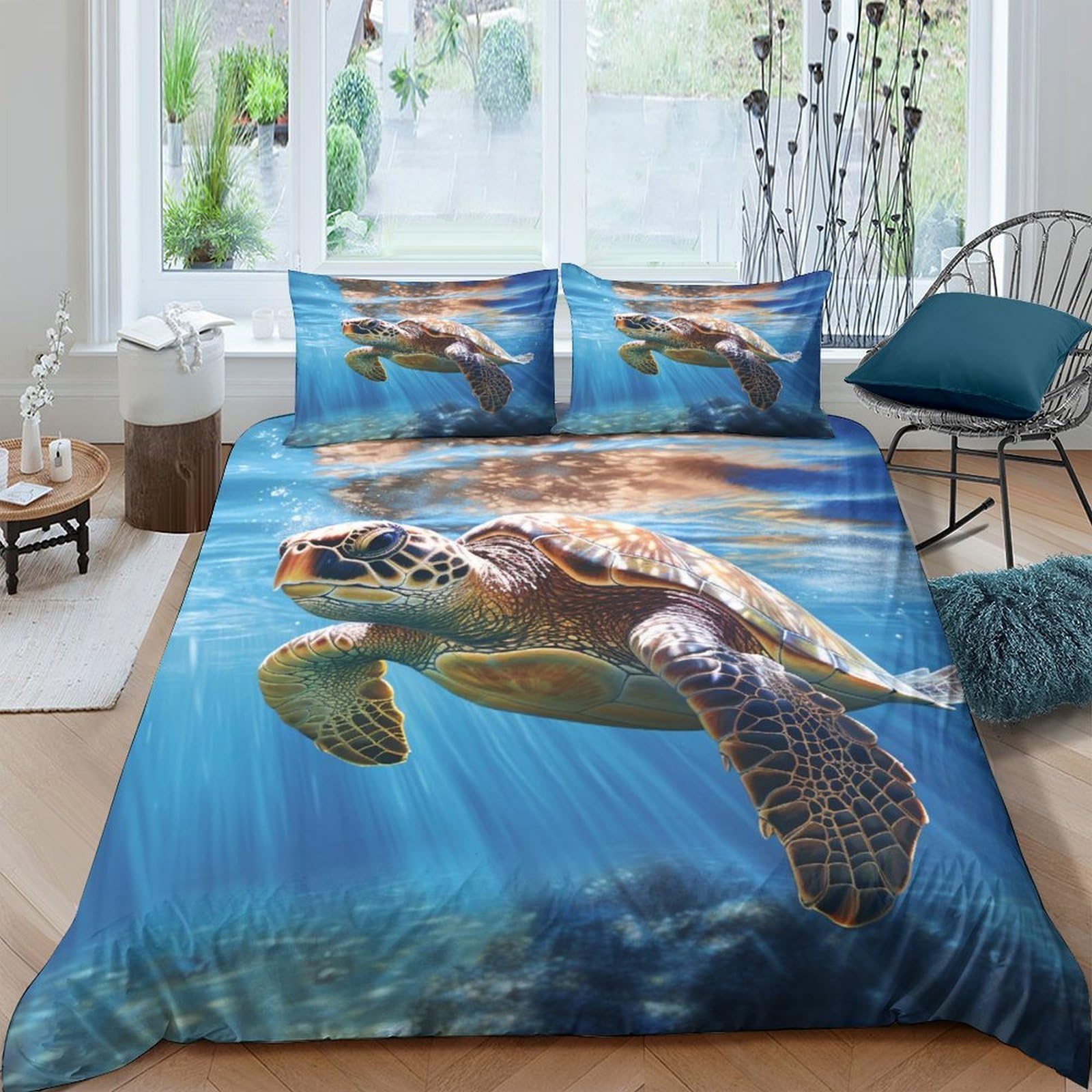 GPLZQXKJNH 3D Printed Sea Turtle Duvet Cover Microfiber Soft Breathable Ocean Underwater Bedding Set with 2 Pillowcases for Bedroom Decor Single（135x200cm）