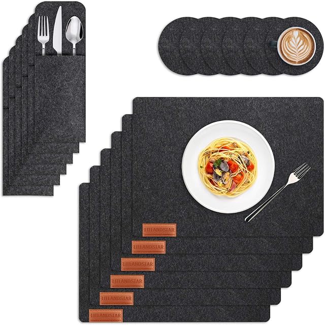 LITLANDSTAR Felt Placemats Coasters Cutlery Set, Heat-Resistant Non-Slip Table Place Mats For Home and Restaurant Washable Table Mats Set with 6 Placemats, 6 Coasters, and 6 Cutlery Bags(Deep Grey)