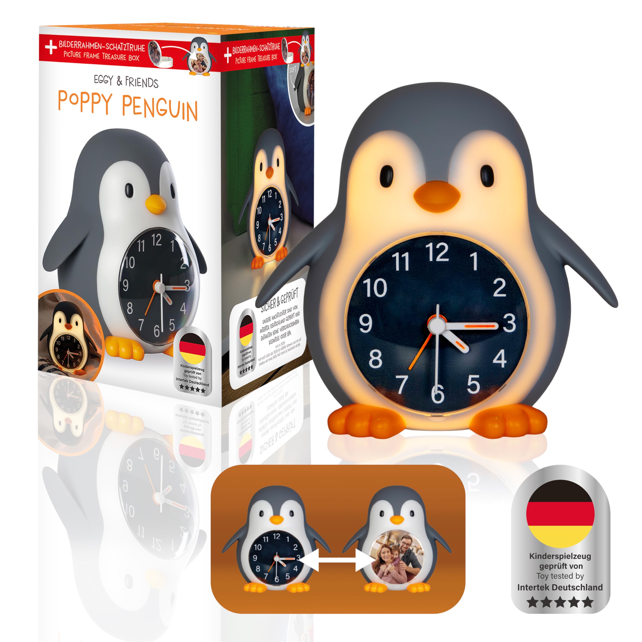 MegaLight Kinderwecker mit Kindernachtlicht | 2in1 Wecker Kinder + warmweißes Nachtlicht Kinder mit 30-Min Sleeptimer | Sanftes Wake Up Light für natürliches & kindgerechtes Aufwachen | POPPY PENGUIN