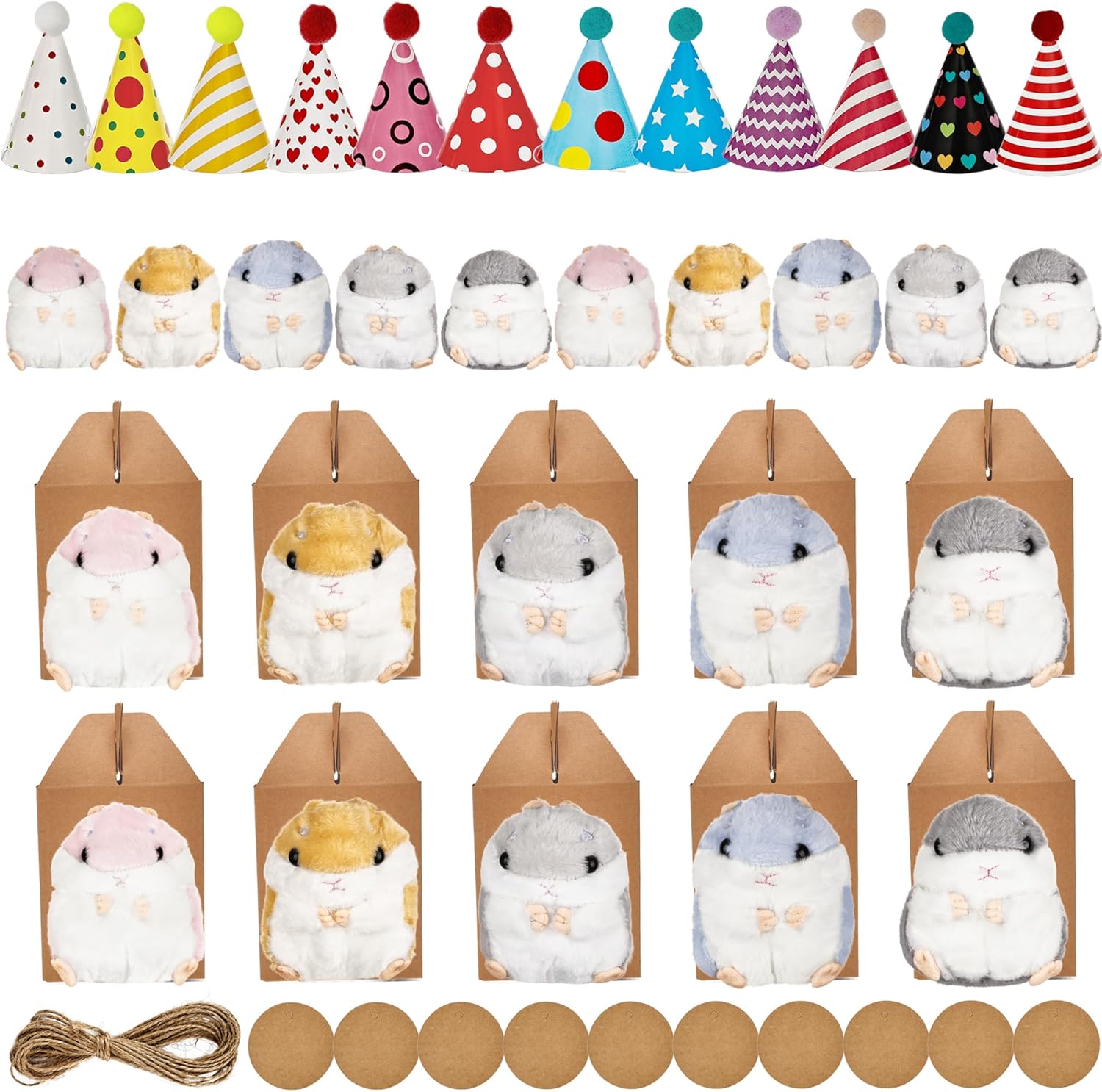 43 Pcs Hamster Party Favors Include 10 Mini Plush Hamster Stuffed Animal Bulk 10 Boxes 10 Cards 12 Multicolor Hat and 10m Rope for Adopt a Hamster Party Favors Birthday Gifts