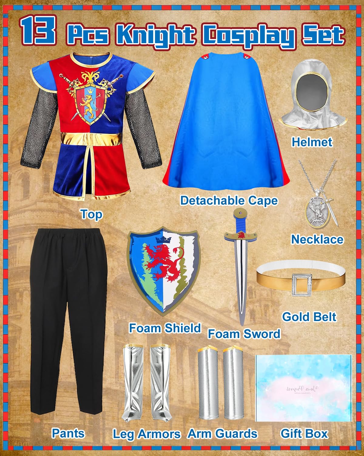Ritter Kostüm Kinder, mit Ritterhelm, Umhang, Schaumstoff-Schild | Ritter Faschingskostüm, Geschenk für Jungen zu Halloween, Karneval, Cosplay und Partys