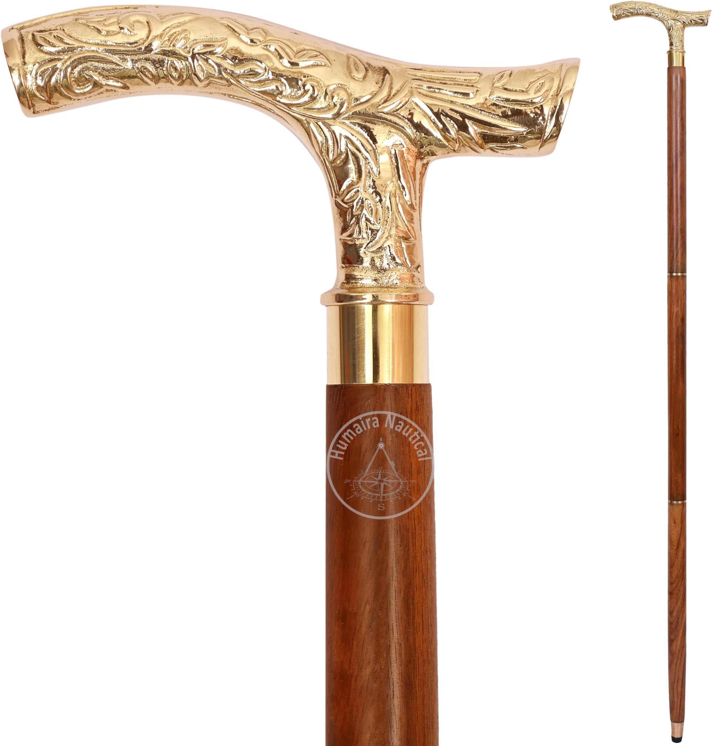 Vintage Brass Walking Stick – Handmade Wooden Cane with Solid Brass Handle – Antique Style Collectible Walking Cane for Men, Women & Seniors – Unique Gift Idea