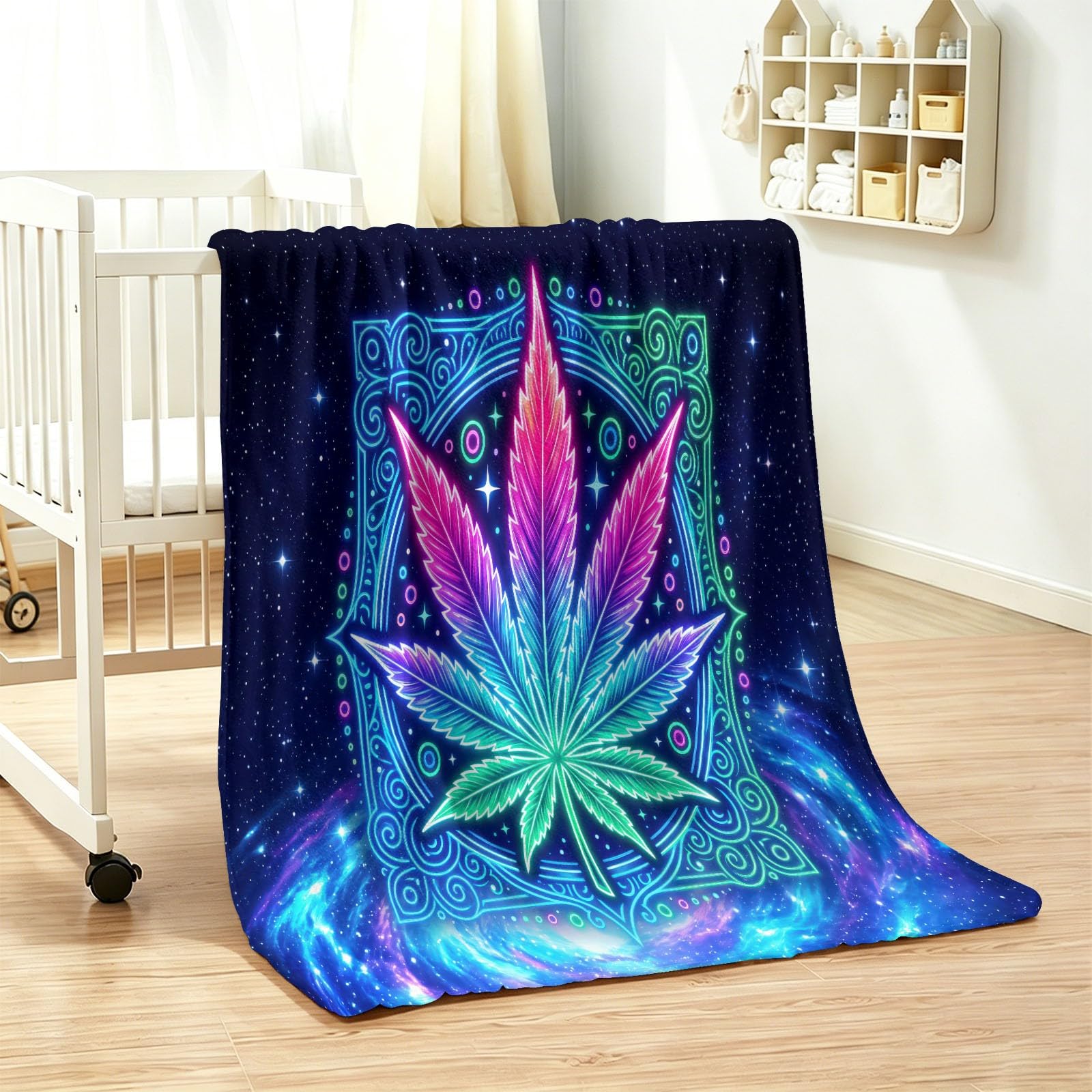Generisch Manta de 180 x 200 cm, manta de franela suave psicodélica, manta de forro polar, diseño de hojas, niebla, estrellas, manta de sofá, para cama, sofá, dormitorio