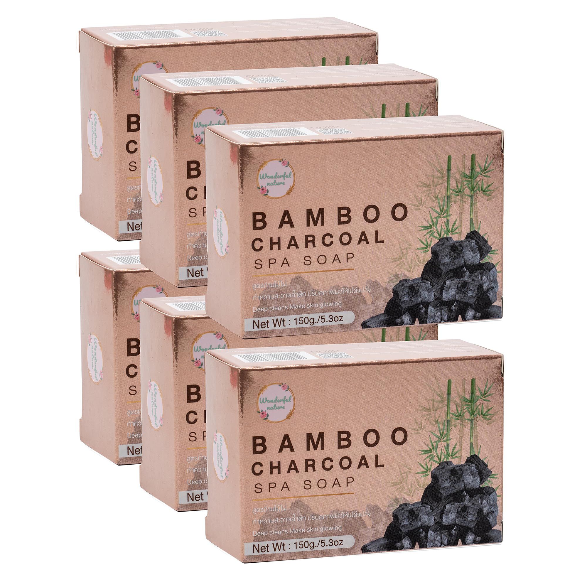 Bamboo Charcoal Spa Soap Deep cleansing, deodorant, acne problems, remove residue, Clean, clear, smooth, soft, radiant, healthy-looking skin 150 g. (Pack of 6)