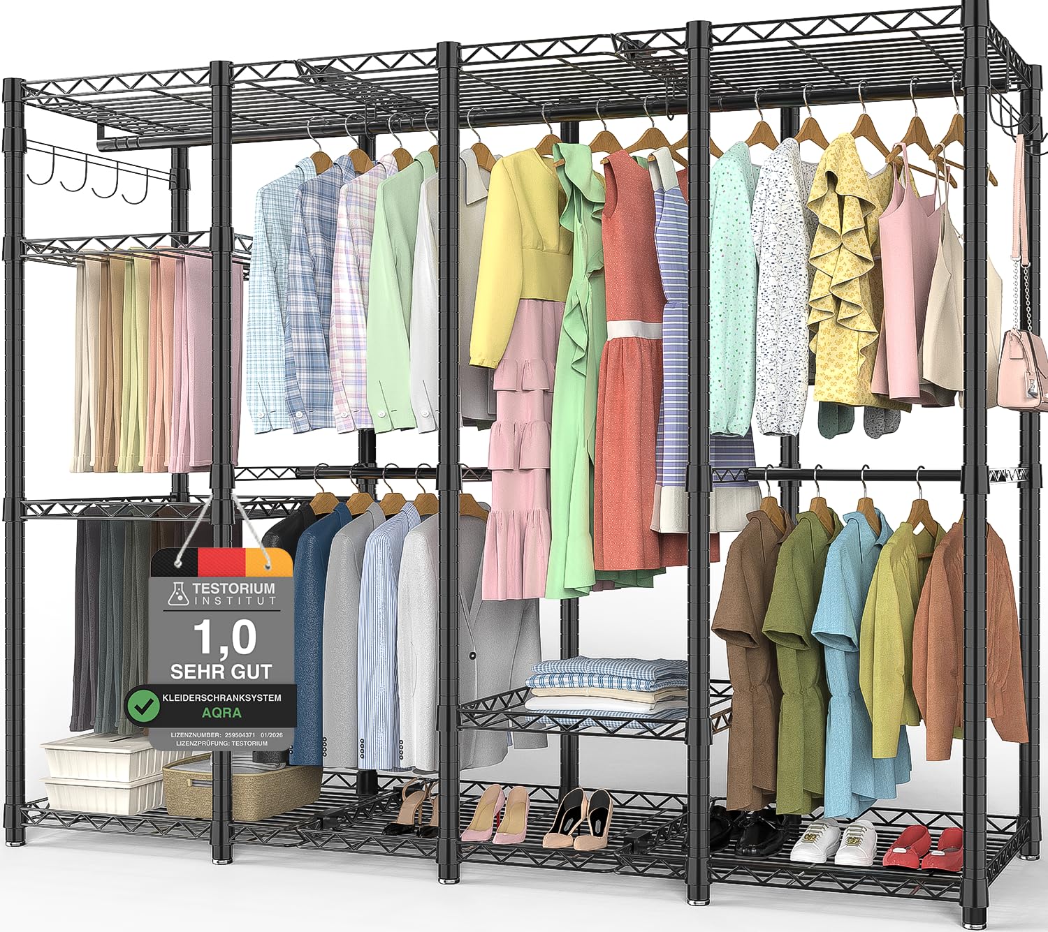 AQRA Offener Kleiderschrank System,Kleiderständer mit 9 Höhenverstellbarem Regalböden und 5 Kleiderstange, Hosenständer, 4 Schichten mit Großem Fassungsvermögen, Schwarz 193.5CM×43.5CM ×195CM