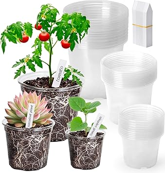Clear Nursery Pots with Drainage Holes-36 Pack 3/4/5Inch Transparent Plastic Plant Pots for Seed Starting, High Visibility Root Growth Monitoring&36Plant Labels Transparency-no Lid, 3/4/5in-36p