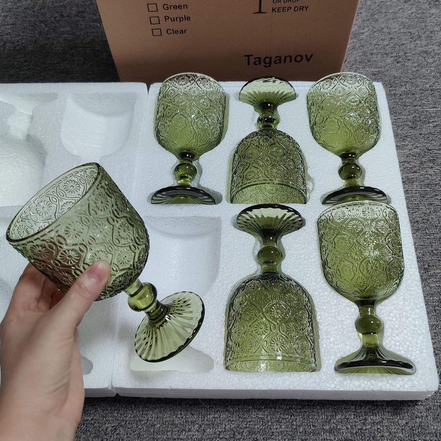 Green Glasses Drinking Wine Water Goblets Glassware set of 6 Vintage Stemware 12 Ounces for Wedding Party Bar Floral Pattern 350 ml
