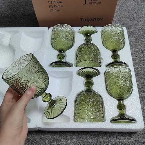 Miniatura 4 de Juego de 6 vasos verdes para beber vino, copas de agua y vino, 12 onzas para boda, fiesta, bar, patrón floral, 11.8 fl oz