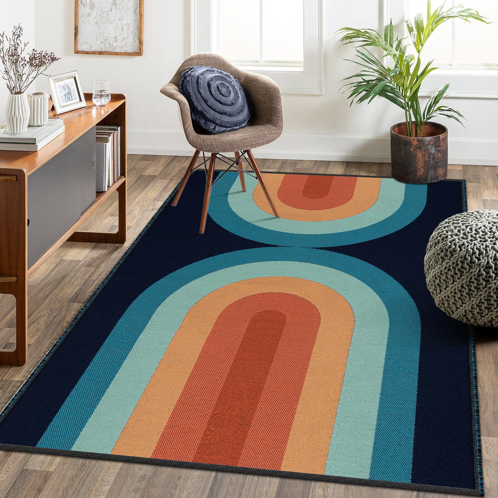 Lahome Boho Washable Kids Rugs 5x7, Ultra-Thin Rainbow Woven Playroom Rugs for Kids Bedroom Dining Room, Cotton Reversible Classroom Rug for Nursery Office (5'x7', Blue)