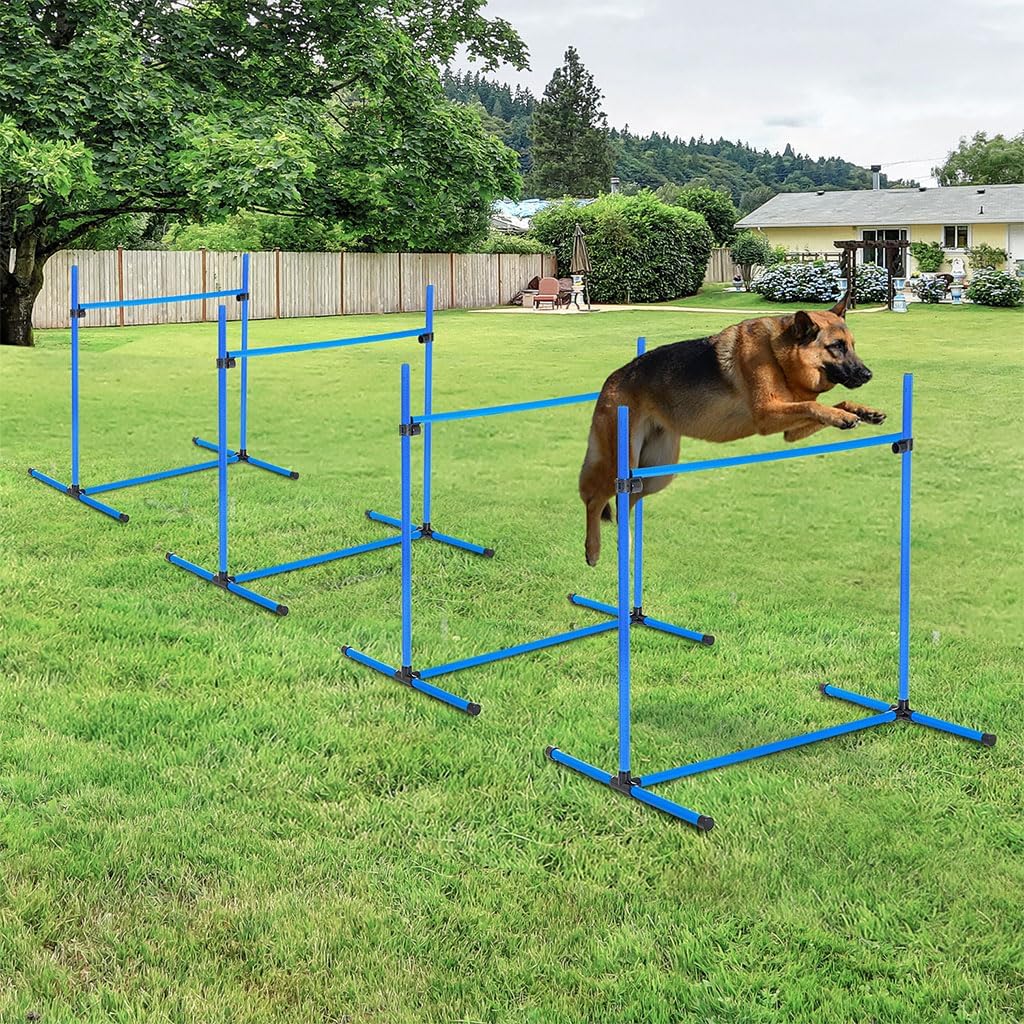 4 Piece Dog Training Equipment, Dog Course Equipment with Adjustable Height Jump Bars Portable Dog Training Equipment with Included Carry Bag and Displacing Top Bar for Dog Agility Course(Blue