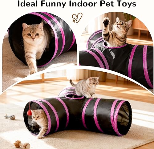 Miniatura 6 de Tempcore - Túnel para gatos con forma de tubo plegable de 3 vías, para interiores, juguete con forma de bola para mirar, para gato, cachorro, Rosa