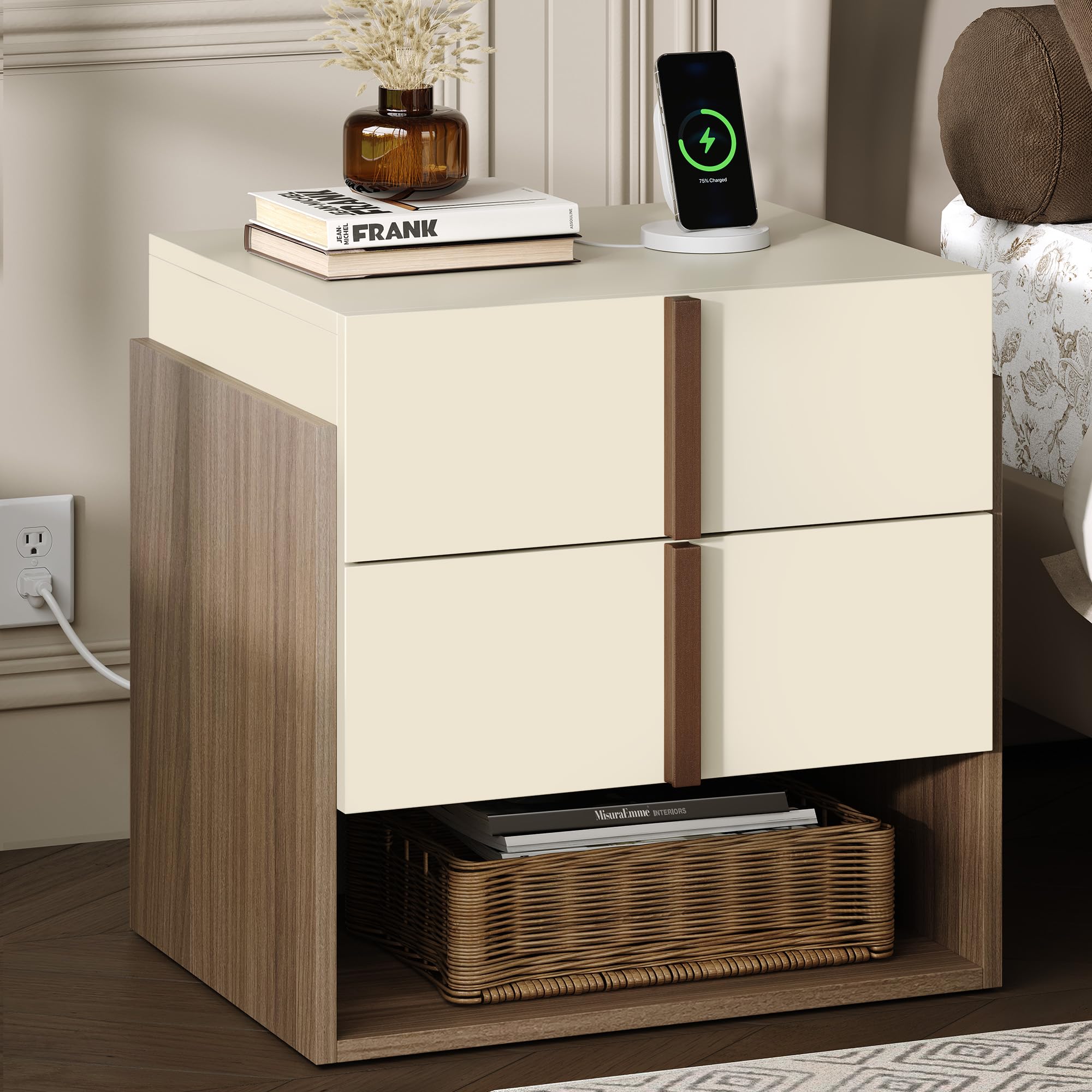 Modern Nightstand with Charging Station, 20" MCM Bedside Table with 2 Drawers & Open Storage Shelf, End Table with USB Ports and Power Outlets for