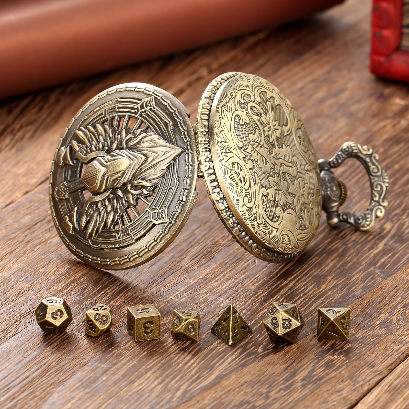 Mini Dice Set including Bronze Hollow Paladin Knight Warrior Pocket Watch Shell Case, D&D Gifts with Dice Bag - Image 4