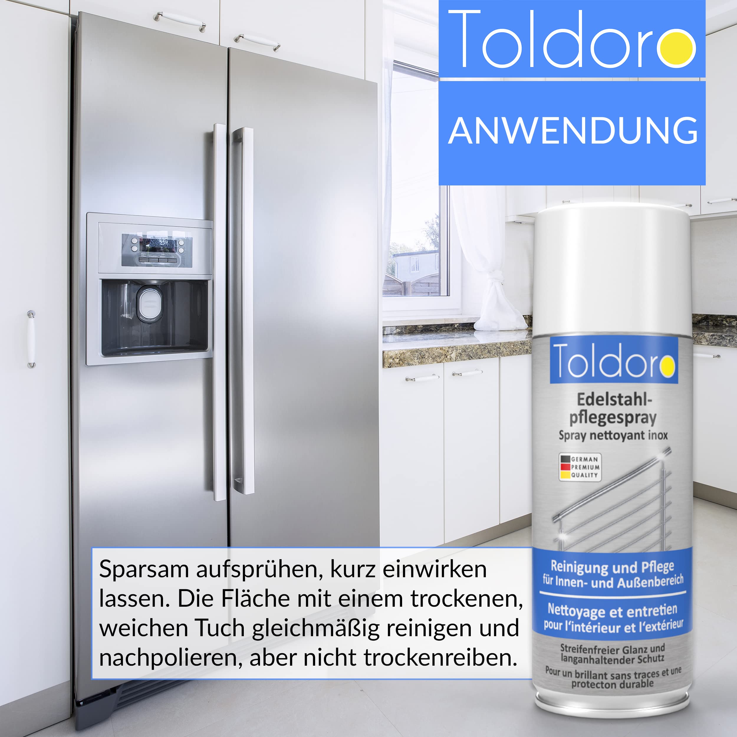 Toldoro Set di 12 spray per la cura dell'acciaio inossidabile da 400 ml e 1 panno in microfibra da 40 x 40 cm / detergente in acciaio inox per barbecue, cucina / acciaio inox spray come detergente in