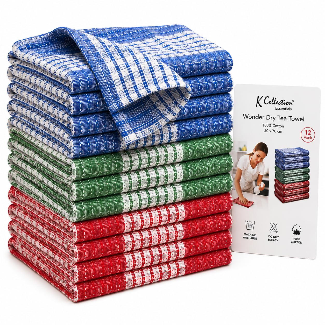 K Collection Wonder Dry Cotton Tea Towels - Kitchen Pack of 12 - Check Pattern - Large Super Absorbent - Catering Bar Towel (Assorted Check)