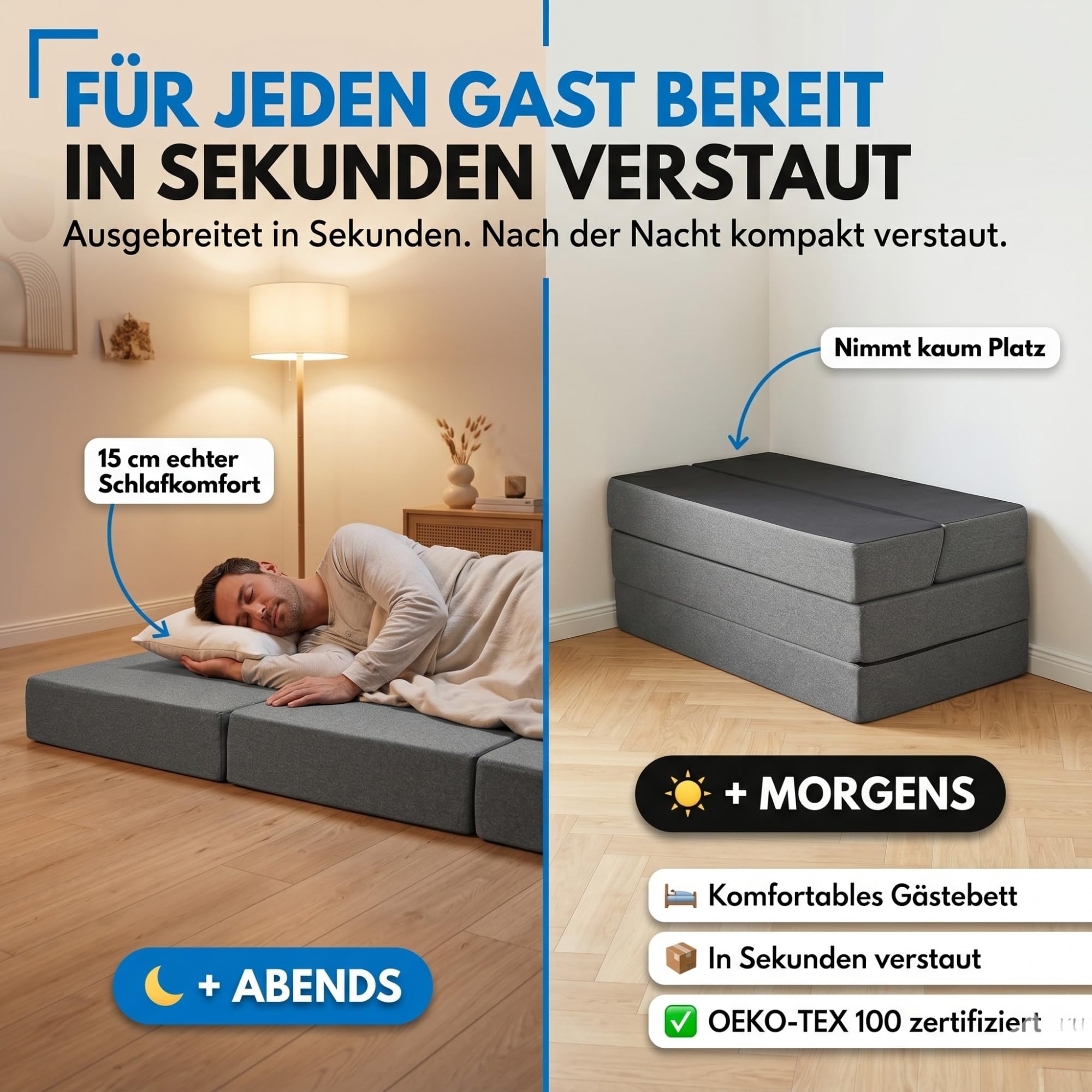 Arensberger Multifold Klappmatratze 90x200 cm | 15cm, Gästematratze | Gästebett klappbar, Faltmatratze, Camping Matratze, Klappsofa, Schlafmatratze, Bezug abnehmbar, Gel Foam, platzsparend