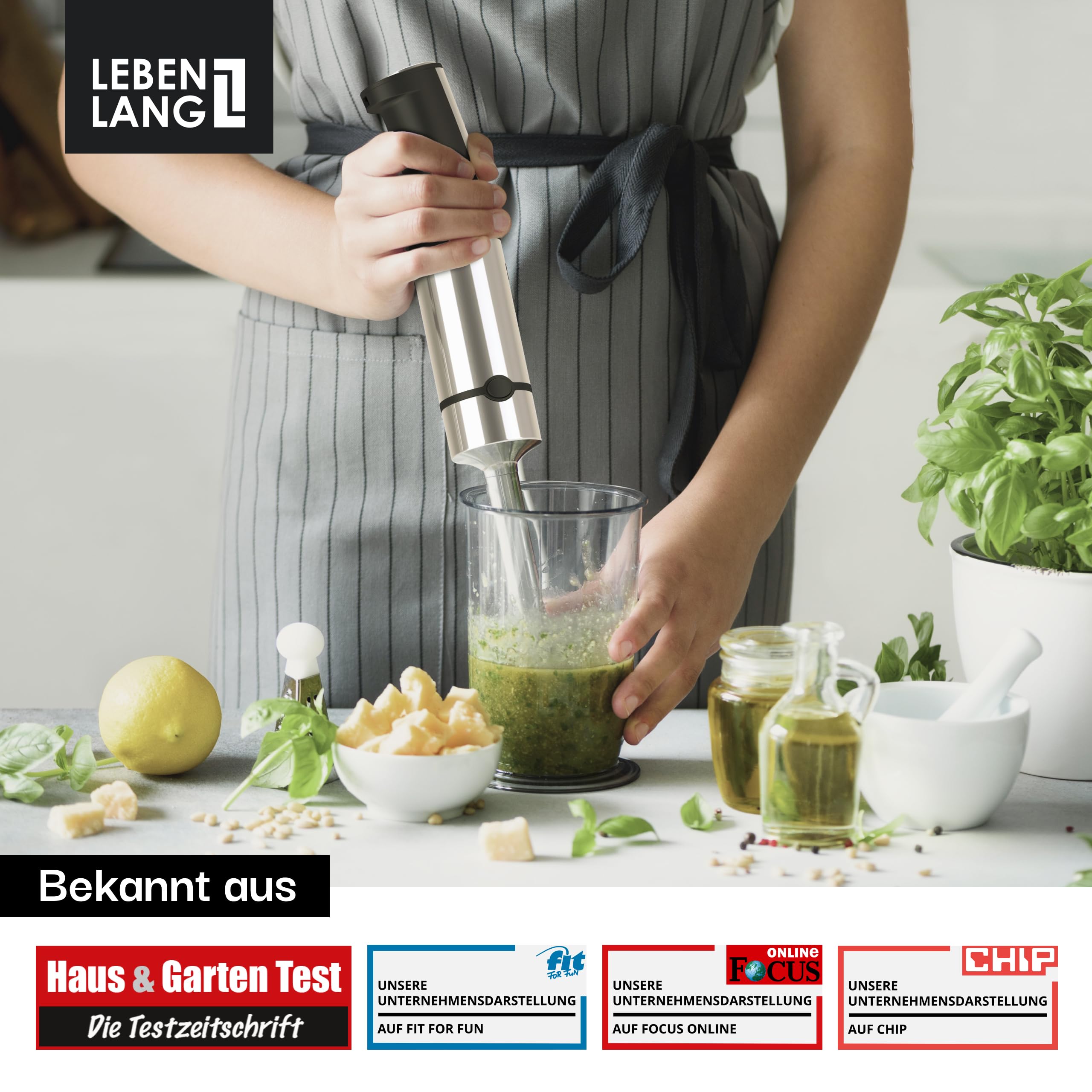 LEBENLANG 1500W Stabmixer Edelstahl - Inkl. 800ml Messbecher & Spritzschutz I Stufenlos verstellbar & Turbo I Pürierstab Zauberstab Mixer Mixstab Elektrische Hand Blender Purierstabmixer Pürierstäbe