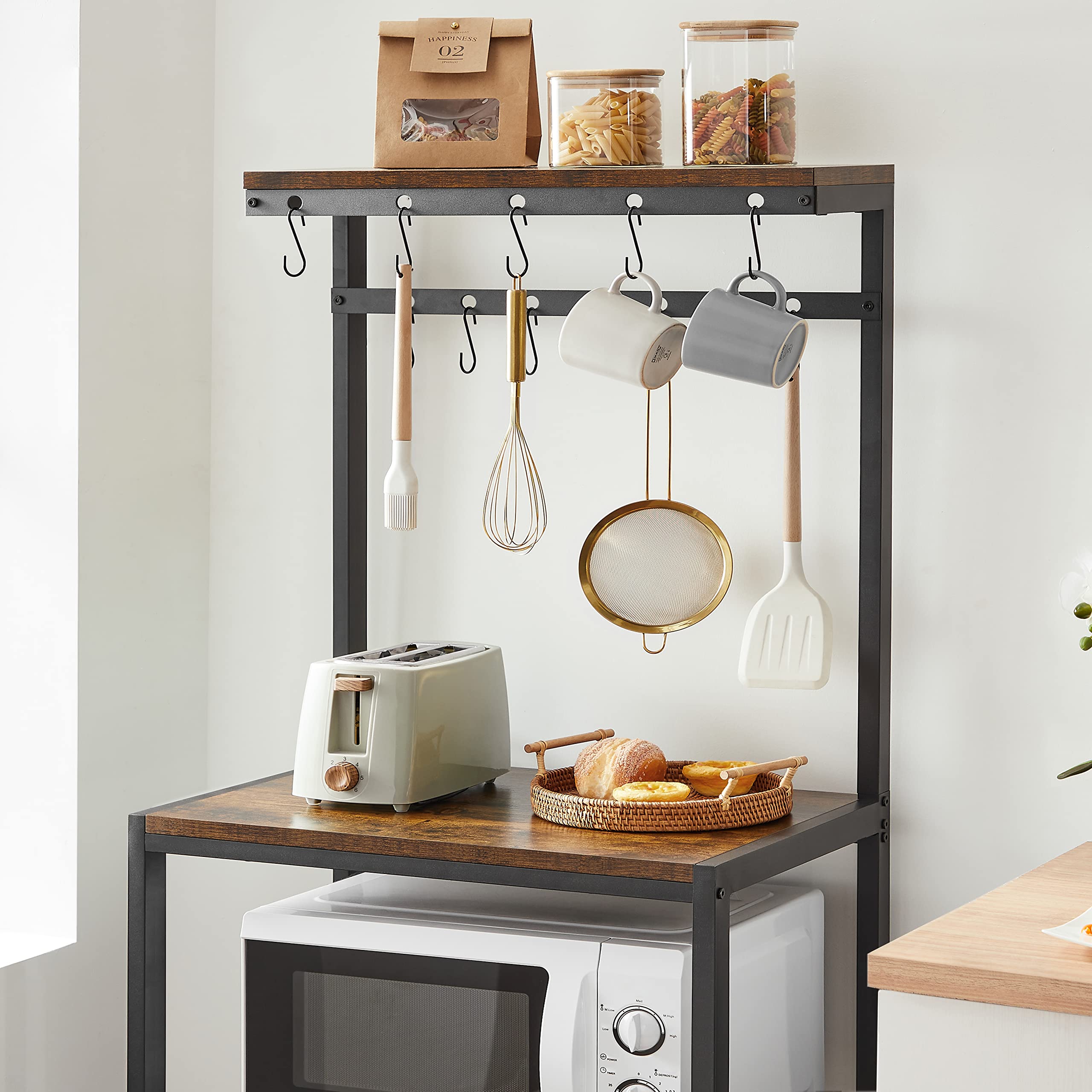 VASAGLE Organisateur De Cuisine Étagère 3 Niveaux Avec 6 Crochets En S - Support Micro-Ondes Et Grille-Pain, Style Industriel Marron Rustique Et Noir KKS023B01