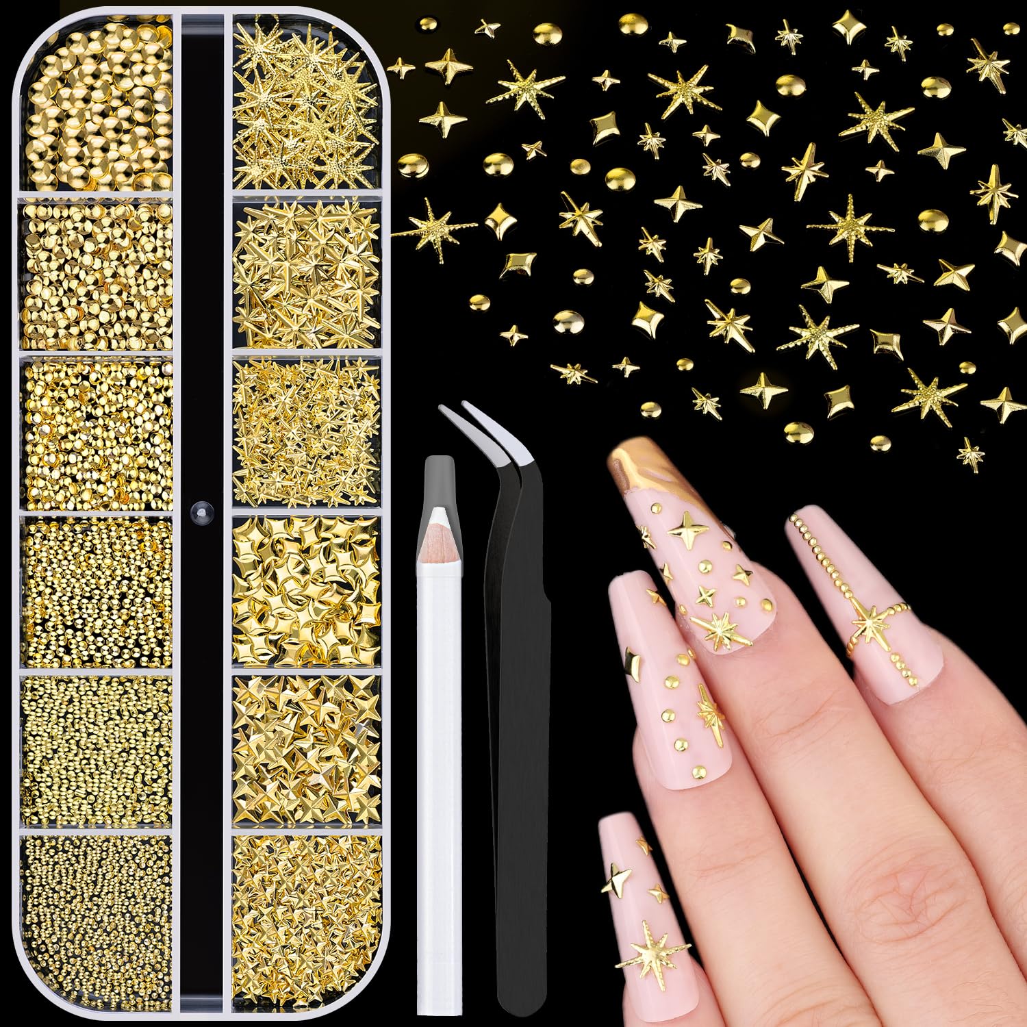 1320Pcs 3D Star Nail Charms, Gold Multi-Shapes Metallic Nail Art Gems and Small Round Caviar Beads, Bedazzling Craft Jewels Nail Rhinestones Accessories Manicure Decor with Tweezers and Pick-up Pencil