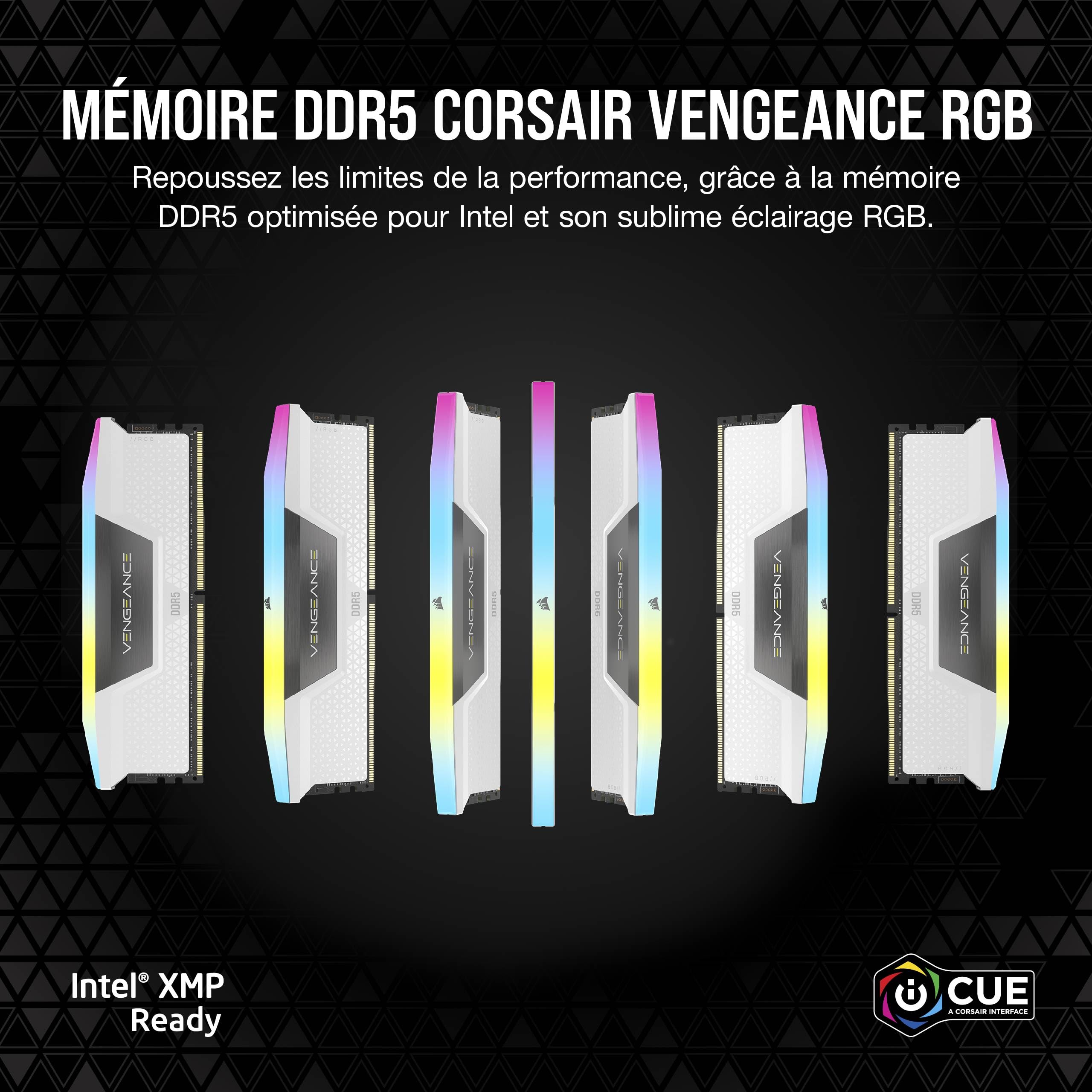 CORSAIR Vengeance RGB DDR5 RAM 32Go (2x16Go) Jusqu'à 6000MHz CL36 Intel XMP Mémoire Informatique Compatible iCUE - Blanc (CMH32GX5M2E6000C36W)
