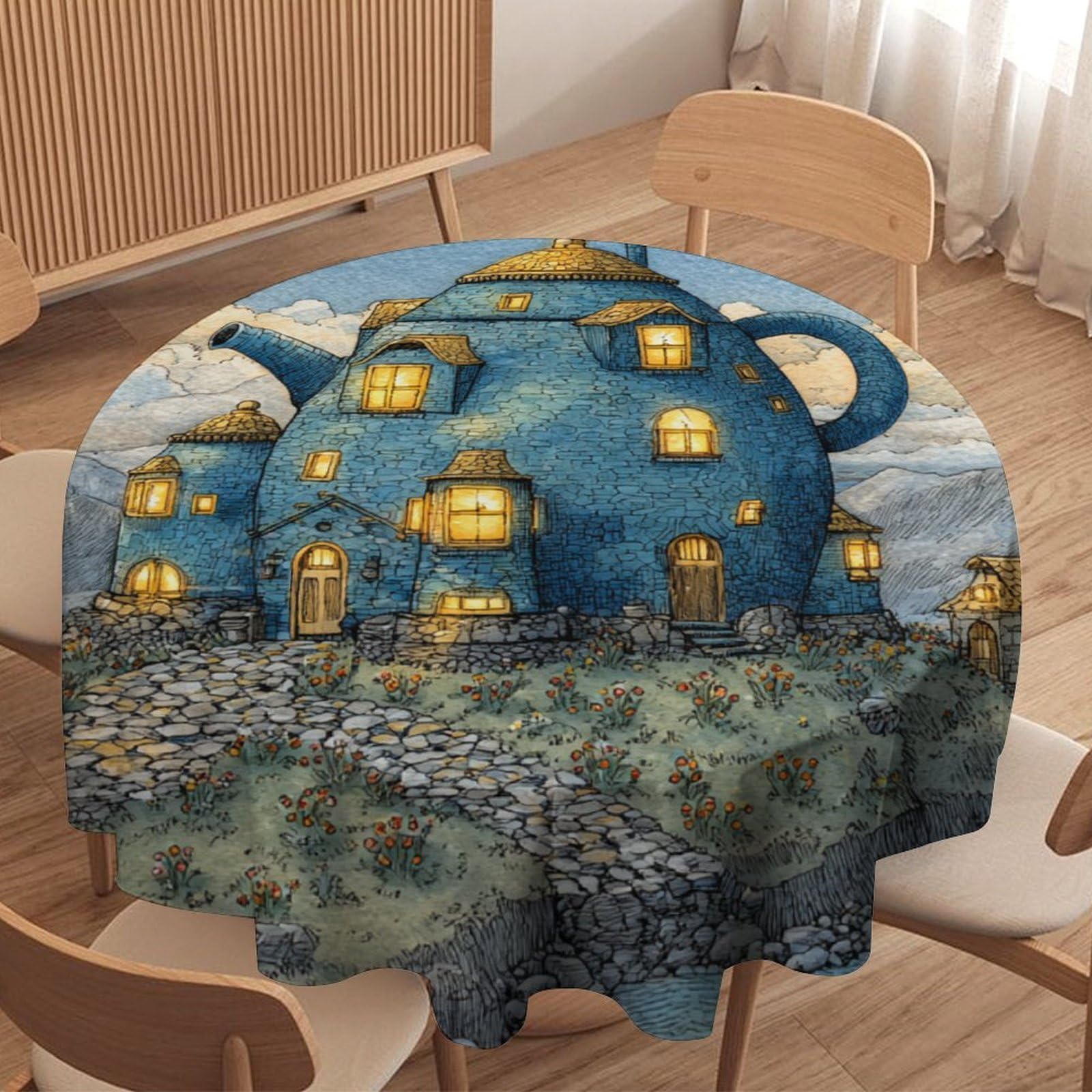 LUYYSKY Classic Realistic Fantasy Castle Waterproof Round Tablecloth Anime Oil Painting Woodland Fairy Tale Enchanted Forest Castle Washable Table Cover for Kitchen-91.4" Wx91.4 L cm