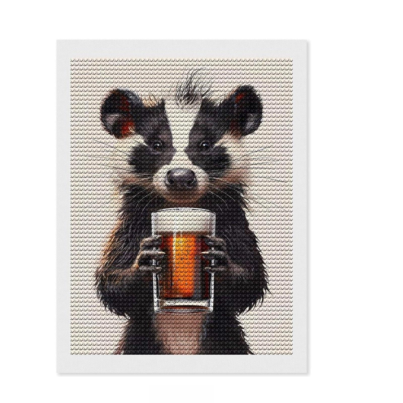 Junmoney Skunk Beer Diamond Art Canvas 12"x16", Adhesive Canvas, Calming Craft to Unwind, Boho Decor, Birthday Gift, Easy to Enjoy