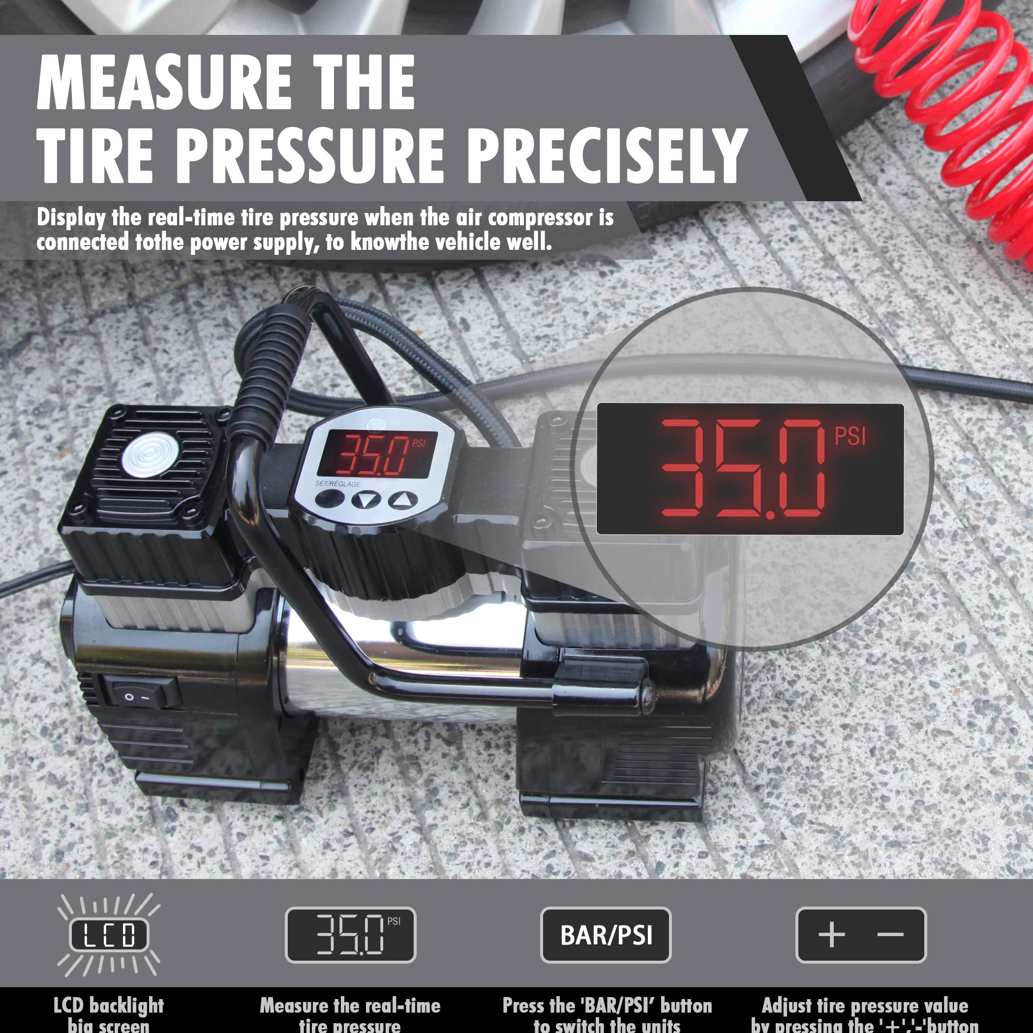 CARTMAN Air Compressor display showing 35.0 PSI