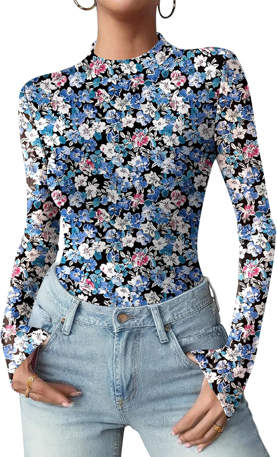 Zeagoo Womens Floral Mesh Long Sleeve Tops See Through Going Out Blouses Mock Neck Sheer Party Outfits Shirts S-XXL