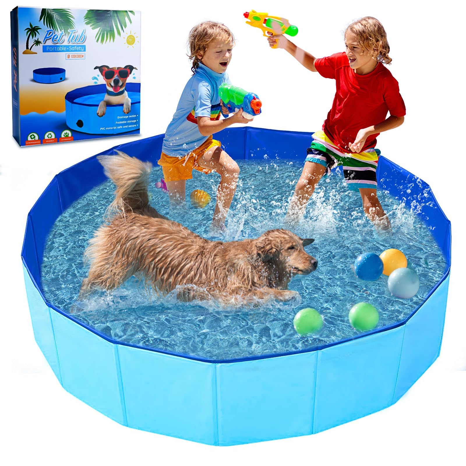 Piscine pour Chien 160 x 30 cm, Piscine Pliable pour Petits et Grands Chiens Sûr Antidérapant Baignoire, Extérieur et Intérieur Piscine pour Chats Chien Animaux et Enfant (Bleu)