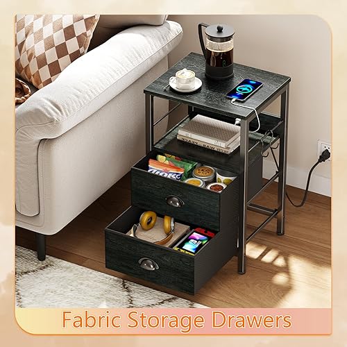 Miniatura 7 de Furologee Juego de 2 mesitas de noche, roble negro, con estación de carga y puertos USB, mesas auxiliares con 2 cajones de tela, mesitas de noche