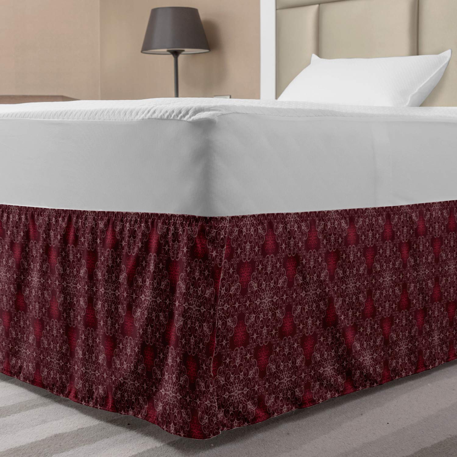 Lunarable Maroon Bedskirt Detailed Ornate Flowers Curves Swirls Petals Dusky Victorian Garden Bedroom Decor Wrap Around Elastic Bed