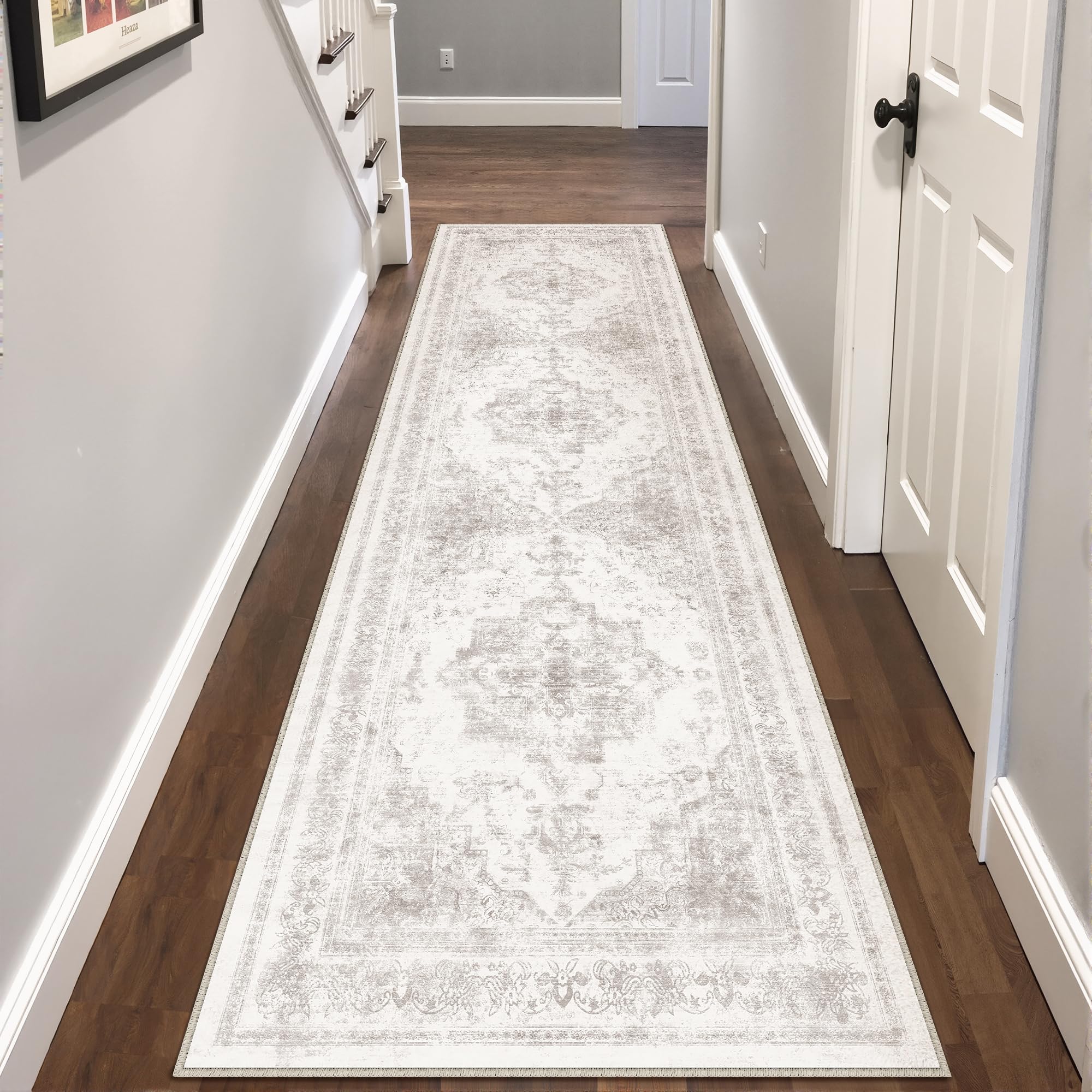 HUGEAR Vintage Grau Waschbarer Teppich 60x240cm LäUfer Flur rutschfest Weich Vorzimmer Tepich Kurzflor Schlafzimmer Retroteppiche KüChe Bedroom Brücken Hallway Carpet