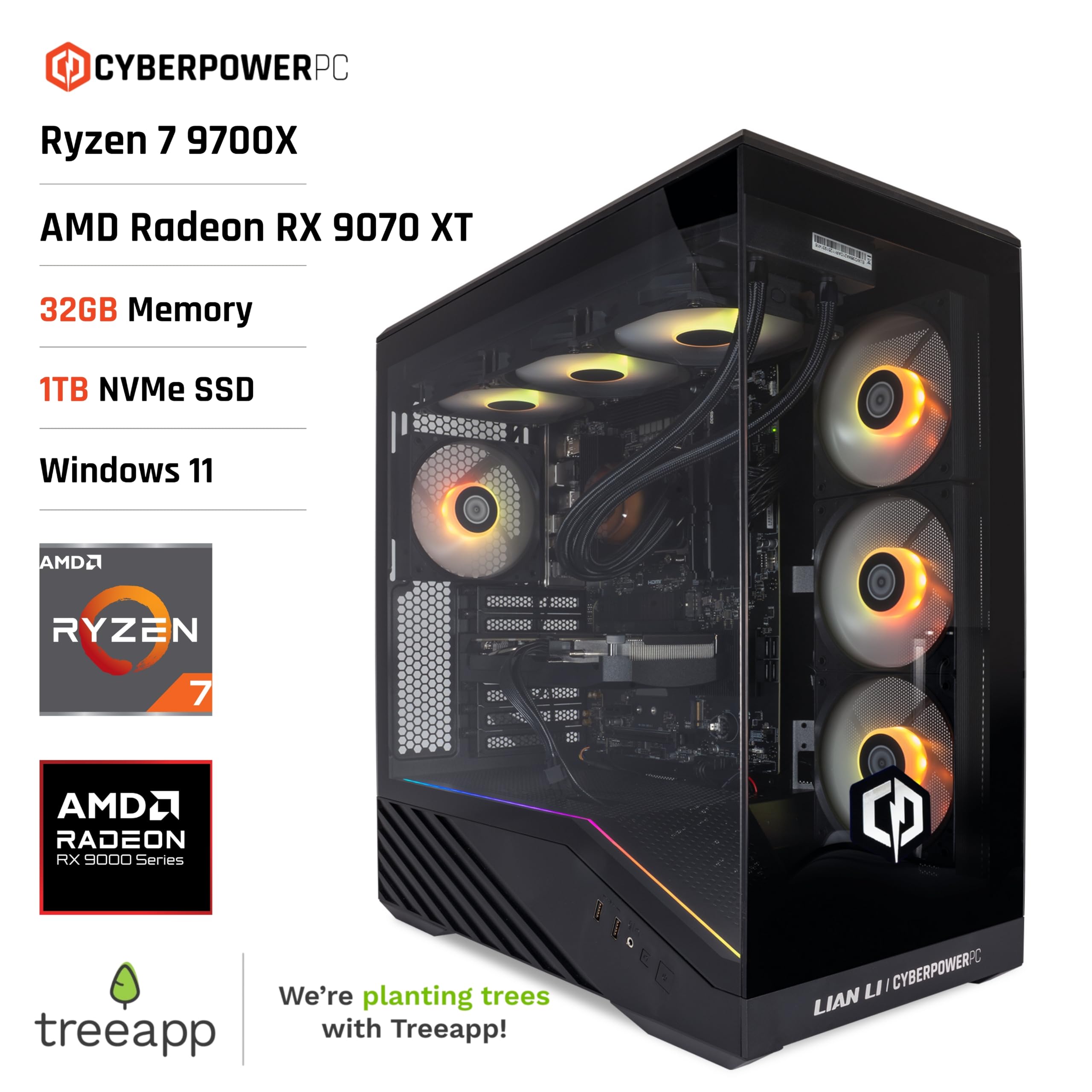 CyberPowerPC Luxe Gaming PC - AMD Ryzen 7 9700X, AMD RX 9070 XT, 32GB RAM, 1TB NVMe SSD, 750W PSU, Windows 11, Liquid Cooling, V100R