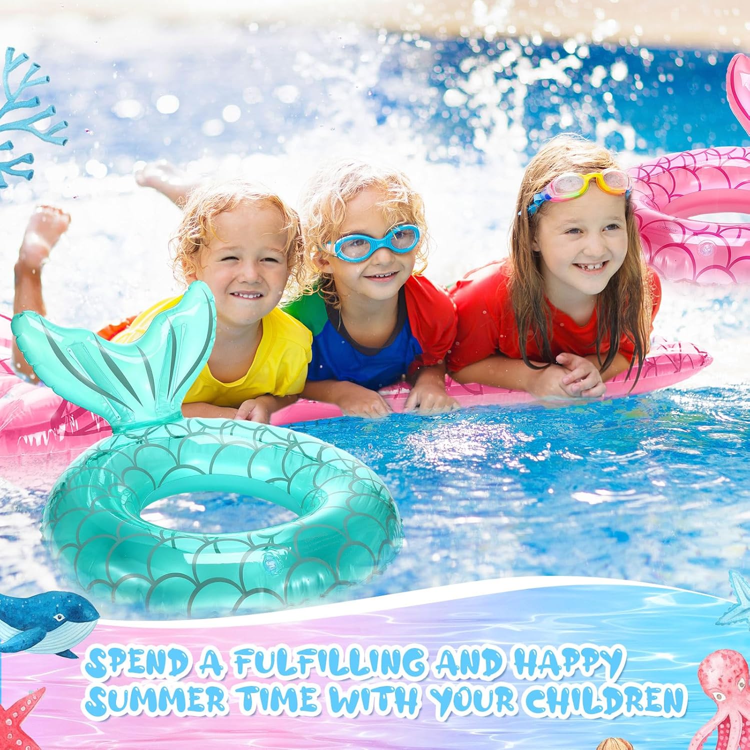 5 Pack Pool Floats Include 4 Pcs Mermaid Inflatable Pool Float Tube 1 Pcs Floatie Raft Mermaid Tail Swim Ring for Beach Water Toys