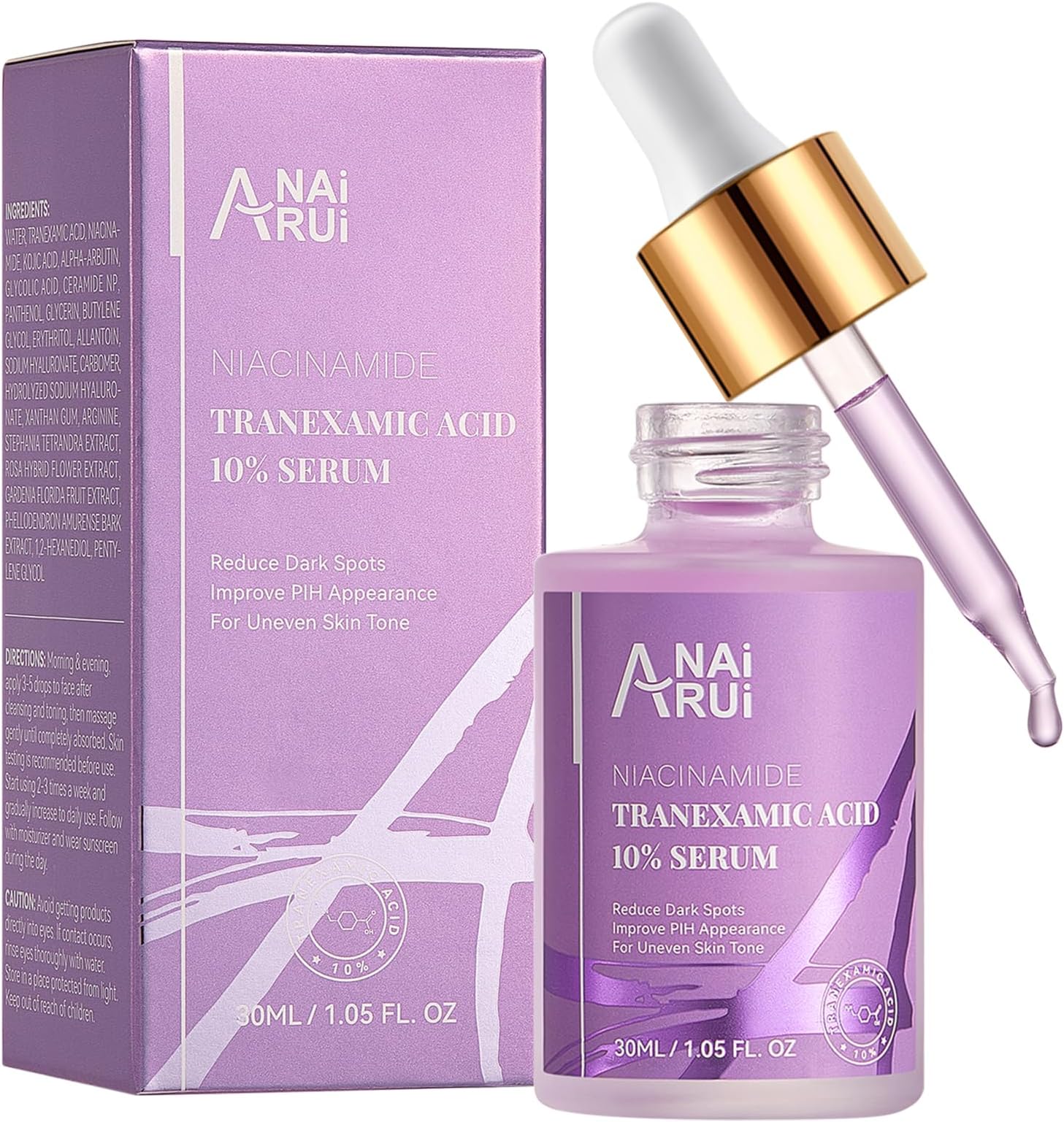 ANAI RUI 10% Tranexamic Acid Face Serum with Niacinamide, Kojic Acid, Arbutin & Ceramide, Lightweight Hydrating Serum for Uneven Skin Tone & Smooth Texture, Fragrance-Free, 1.05 Fl Oz