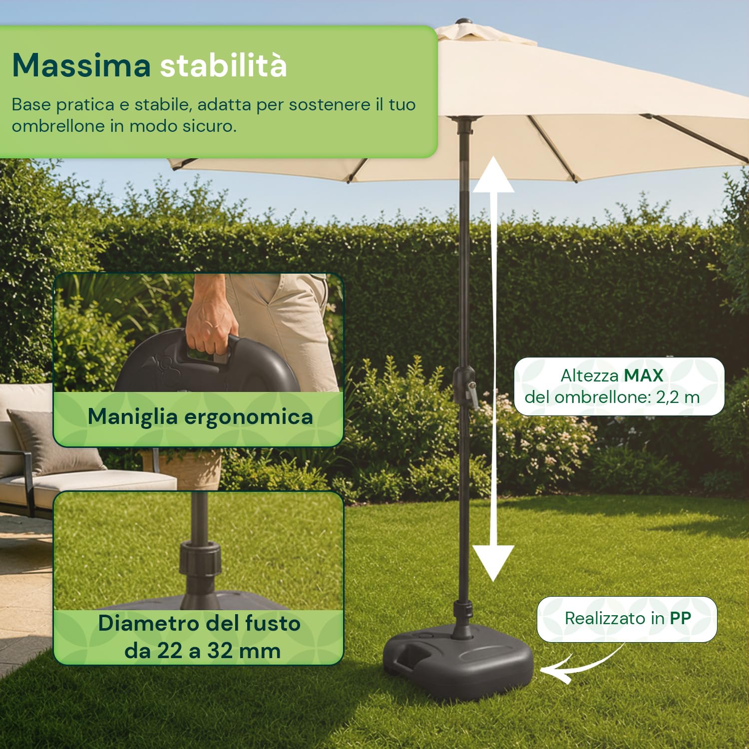 Avilia - Base per Ombrellone Riempibile 20L con Acqua o Sabbia – Supporto Ombrellone da Giardino, Terrazzo, Piscina, Spiaggia – Fusti 22-32 mm, Maniglia Ergonomica - L44xP44xA24 cm
