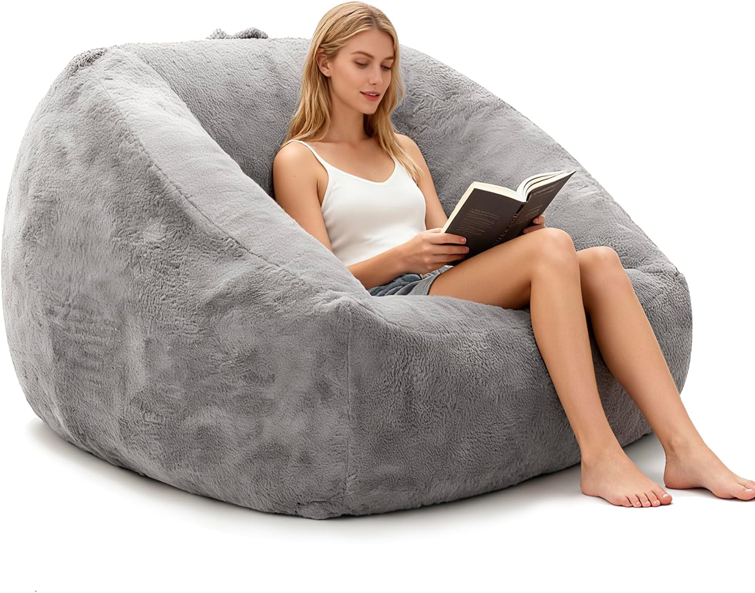 COSIEST Bean Bag Chair for Adults, Giant Bean Bag Couch with Armrests & Side Pocket, L-Shaped Faux Fur Beanbag Sofa Chair, Comfy Lounge Floor Sofa for Living Room Bedroom Reading Gaming, Grey