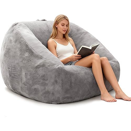 COSIEST Bean Bag Chair, Big Comfy Couch with Side Pocket, Furry Beanbag Chair with Foam Filler for Adults & Kids, Stuffed Accent Sofa for Reading, Lounge Floor Sofa for Living Room, Bedroom, Grey