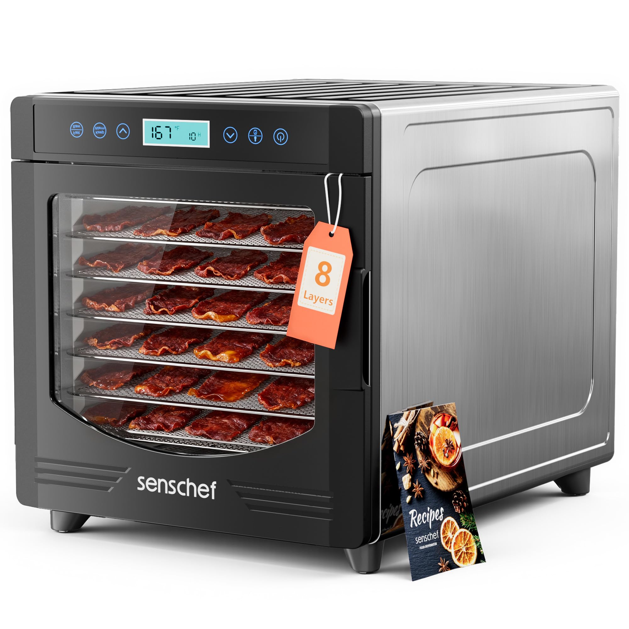 Food Dehydrator for Jerky, 8 Stainless Steel Trays, 50% More Space in Same Size, 600W Power &amp; 167°F for Healthier Jerky &amp; Pet Treats, Full Kit for Yogurt, Fruit &amp; More, 1-Year Warranty