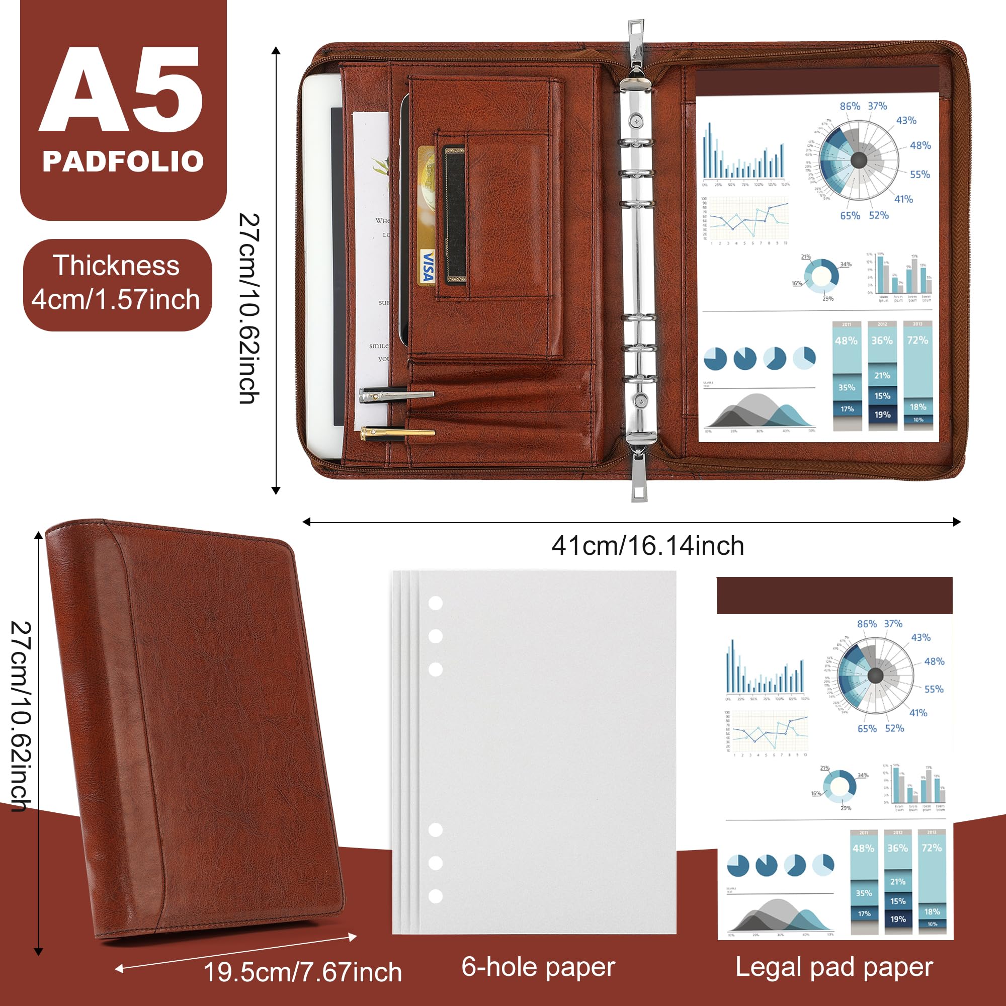 KISSKI Porte-documents en cuir A5 6 anneaux 12,7 x 20,3 cm marron personnalisé
