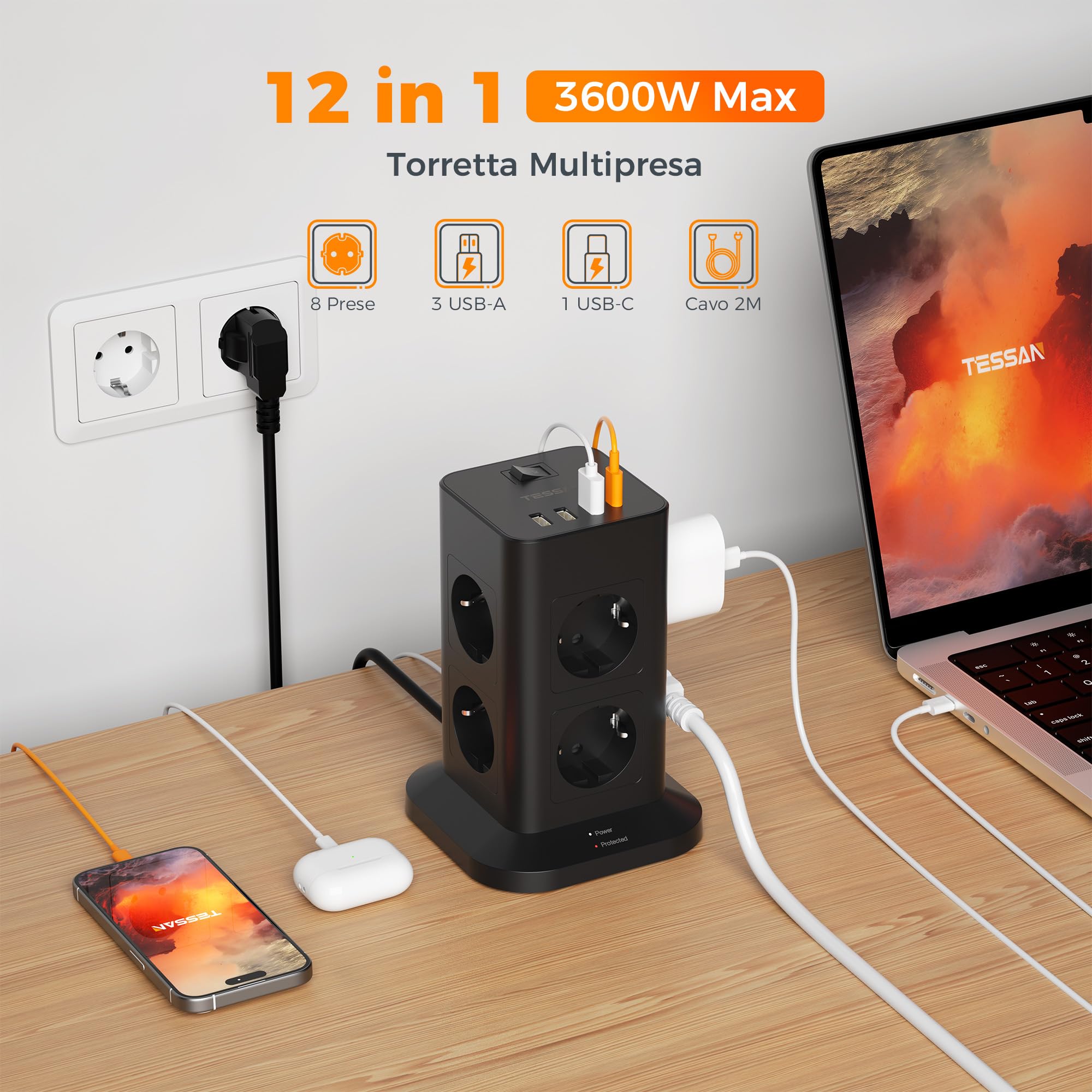 TESSAN Ciabatta Multipresa con 4 USB e 8 Prese, Ciabatta Elettrica Protezione Sovratensione, Torretta Multipresa con Interruttore e Prolunga Elettrica 2 Metri, Nero